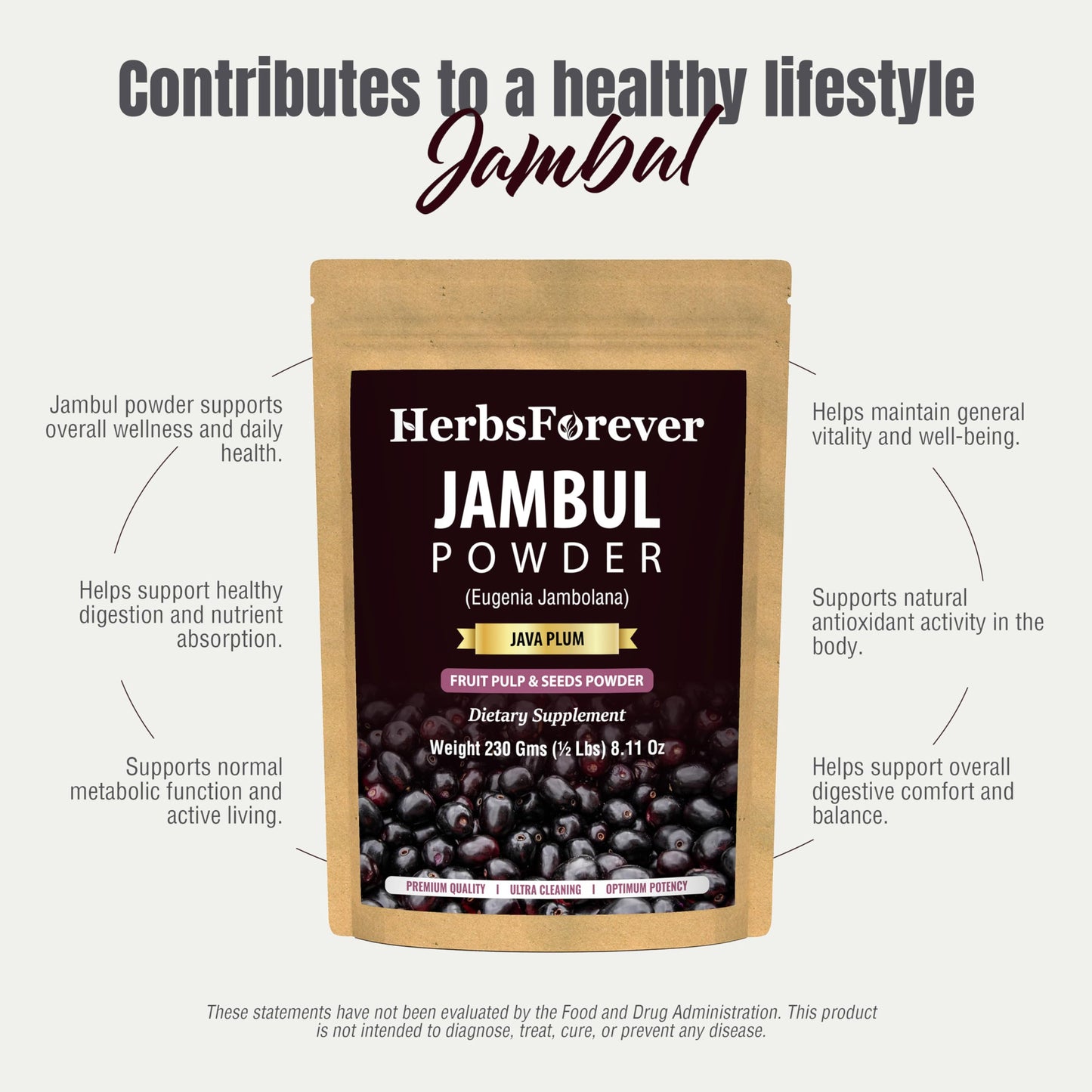 Herbsforever Jambul Java Plum (Eugenia Jambolana) Syzygium Cumini Powder, 8.11 Ounces