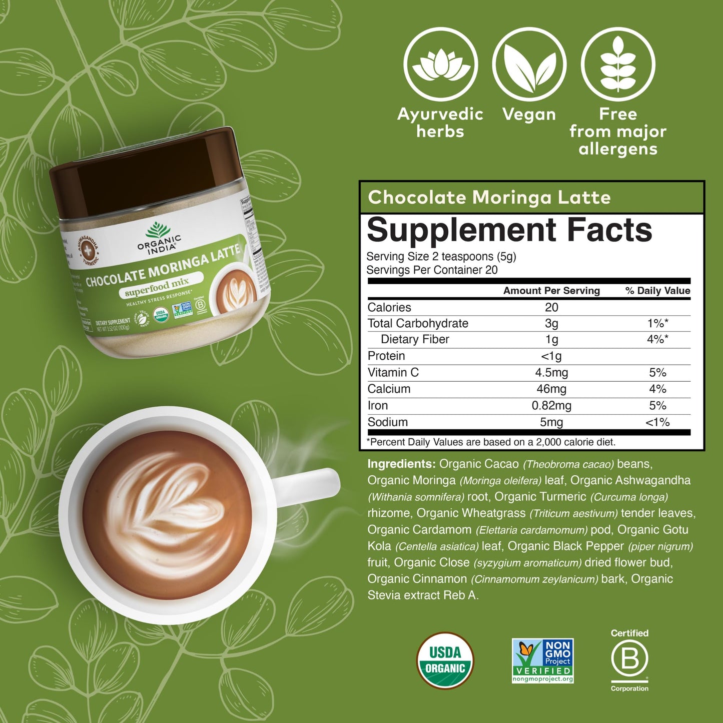 ORGANIC INDIA Chocolate Moringa Latte Powder, 3.5 oz