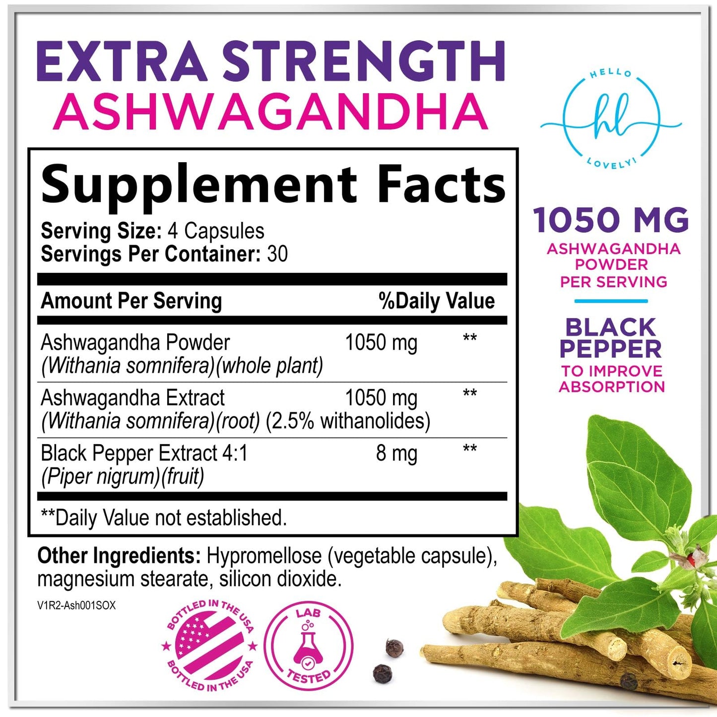 Hello Lovely! Ashwagandha Supplements for Women - Extra Strength Capsules with Black Pepper Extract - Plant Powder & Root Extract, Non-GMO, 120 Capsules