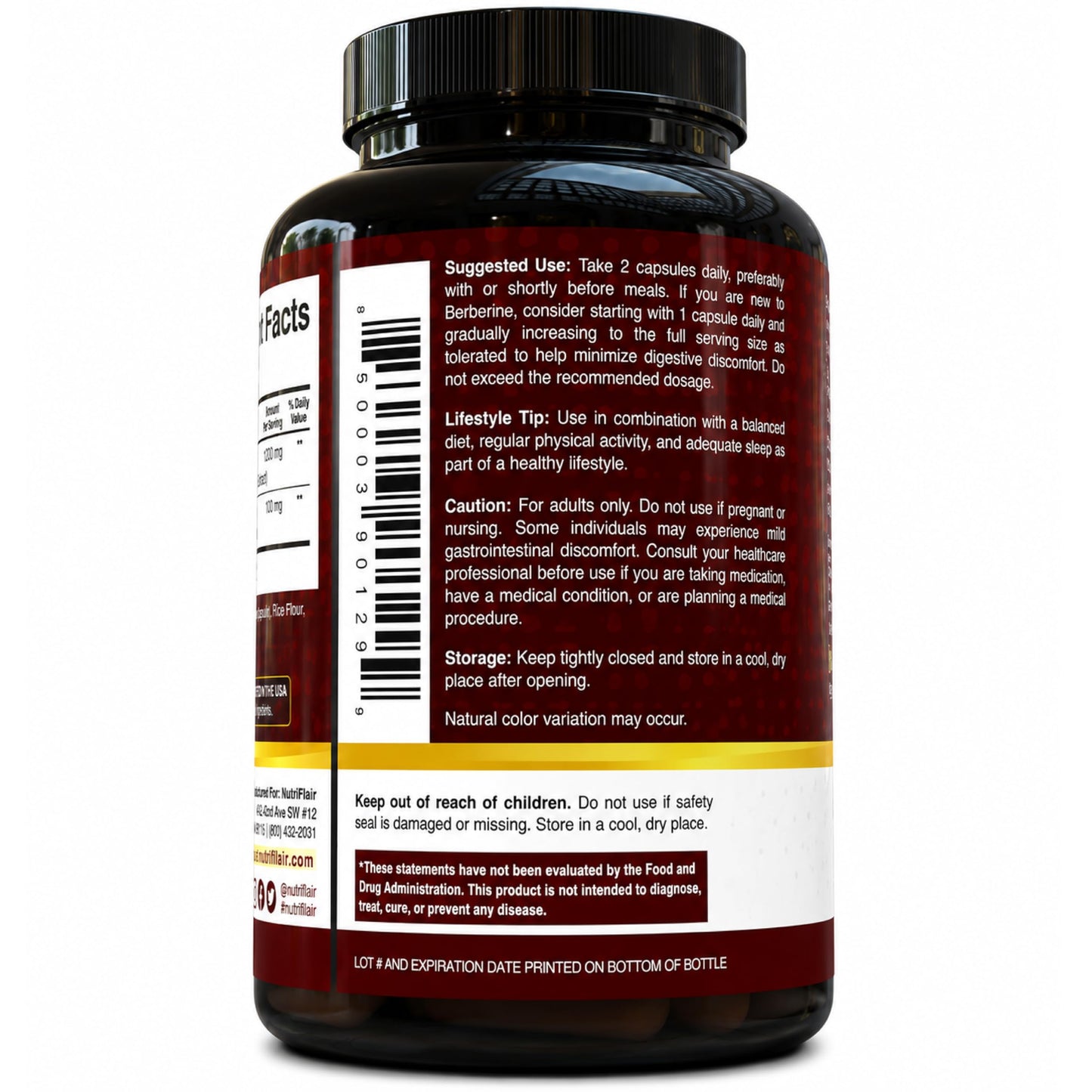 NutriFlair Berberine HCl 1200mg Capsules, 120 Count