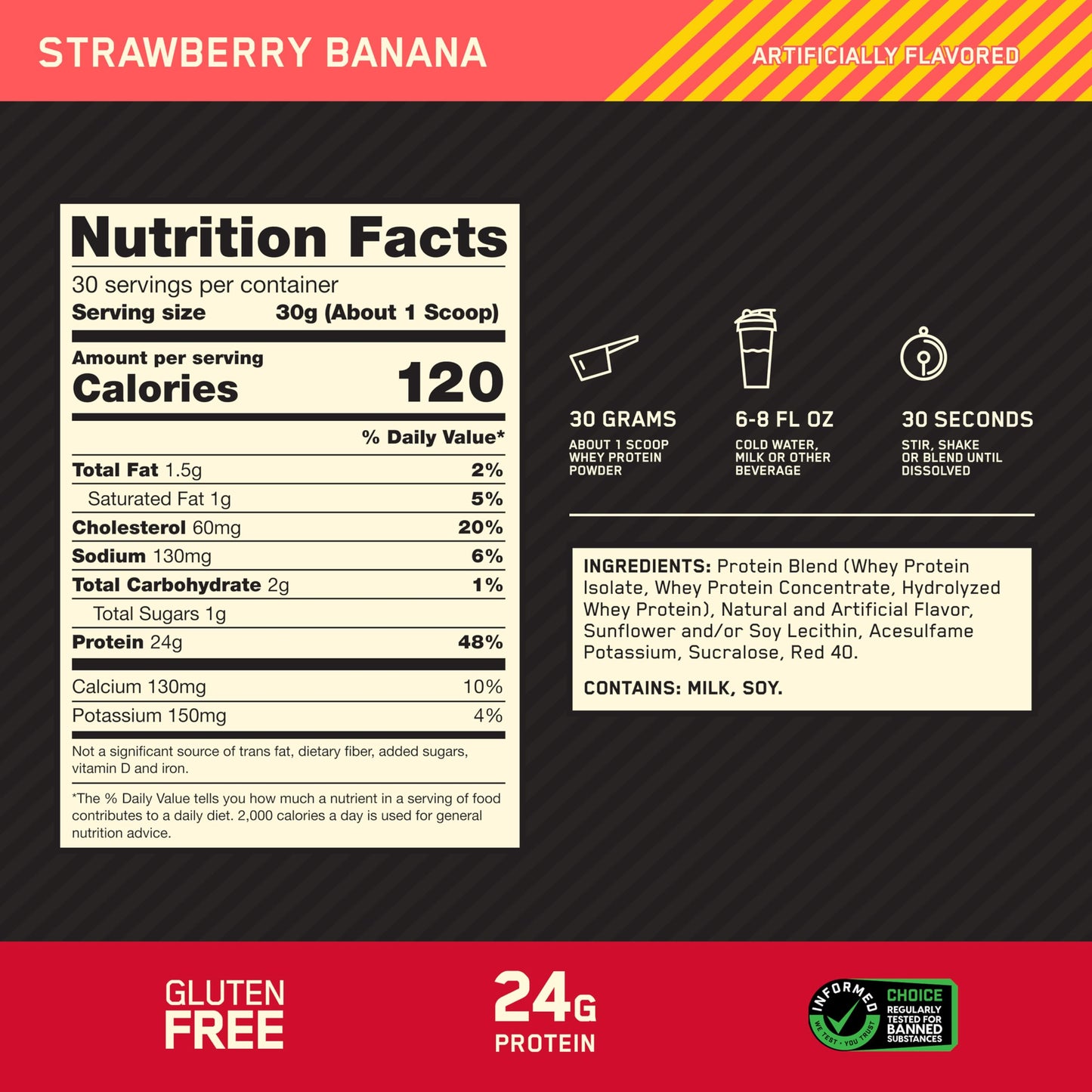 Optimum Nutrition Gold Standard 100% Whey Protein Powder Strawberry Banana, 32 Servings