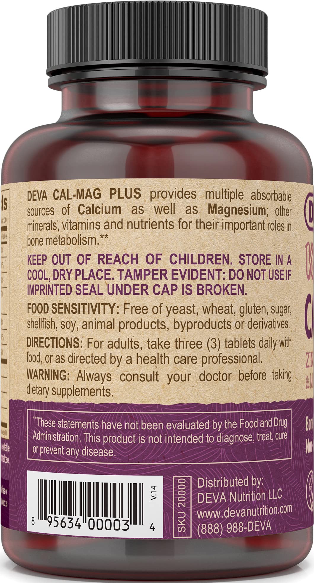 DEVA Vegan Calcium Magnesium Supplement Tablets 180 Count