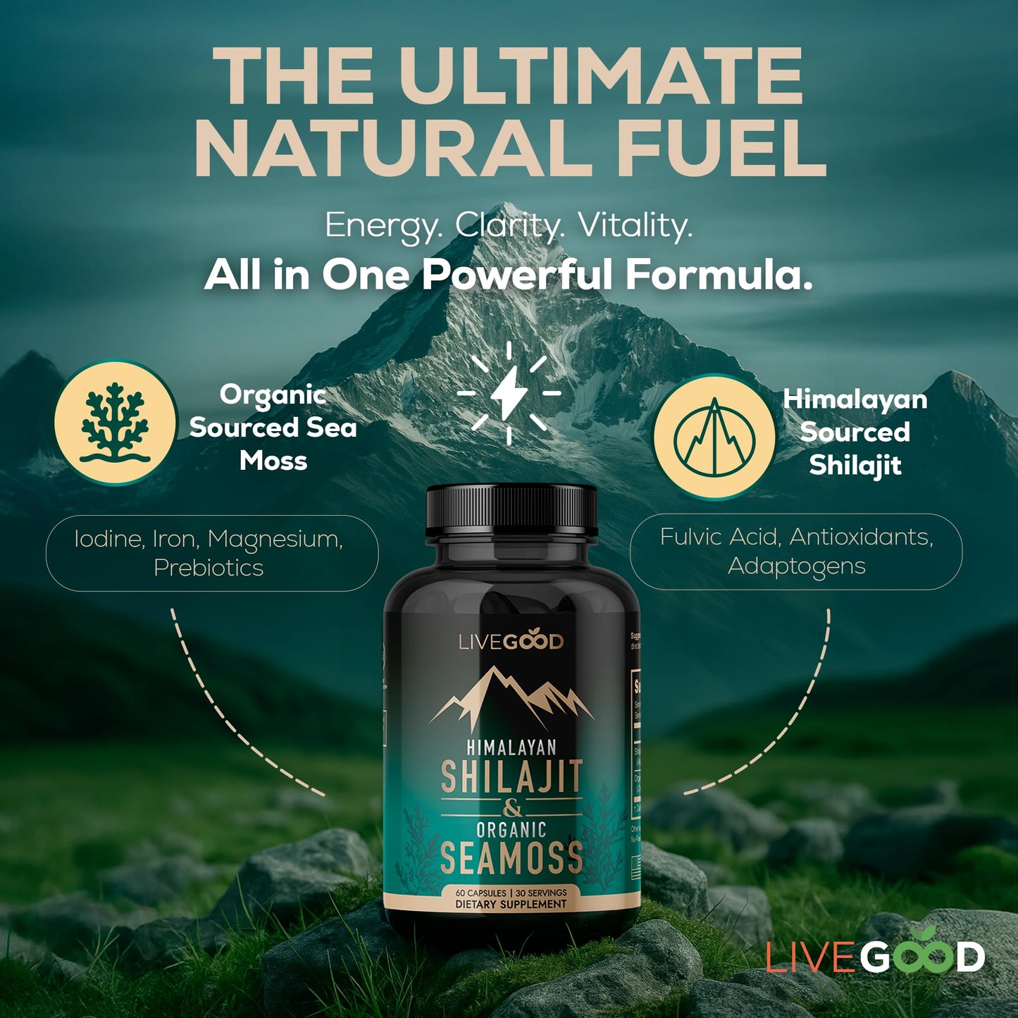 LIVEGOOD Himalayan Shilajit and Organic Sea Moss Capsules, 60 Capsules