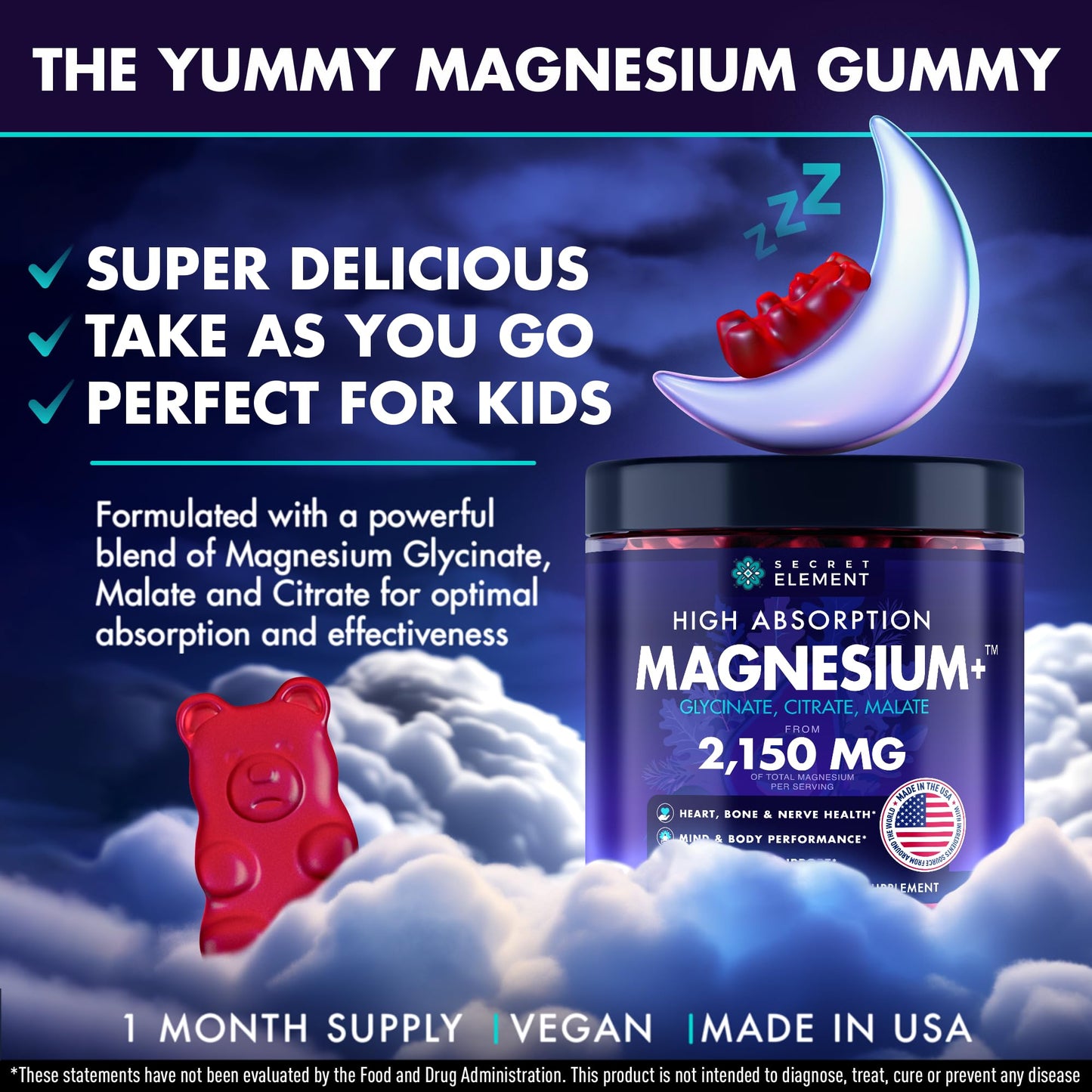 Secret Element Magnesium Glycinate 2150 MG Gummies, 60 Count