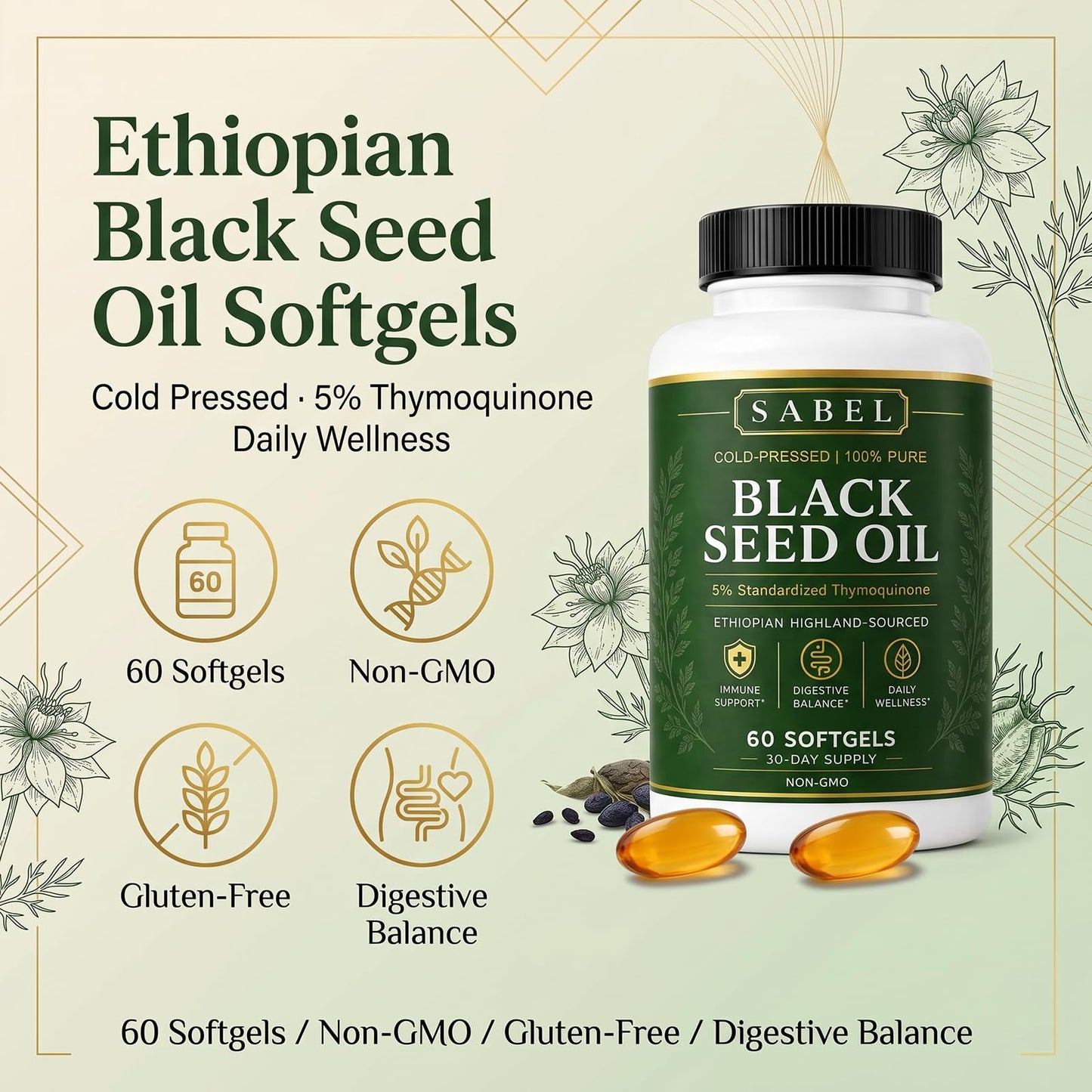 Sabel Ethiopian Black Seed Oil Softgels, 60 Count