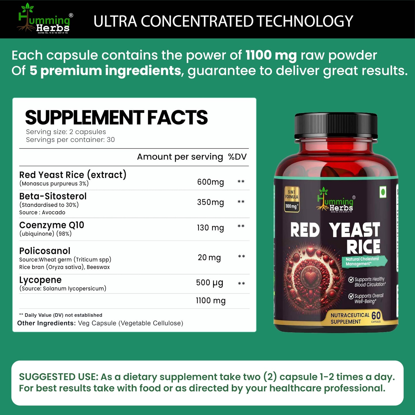 Humming Herbs Red Yeast Rice 1100mg with CoQ10, Policosanol, Beta Sitosterol & Lycopene Formula, 60 Capsules