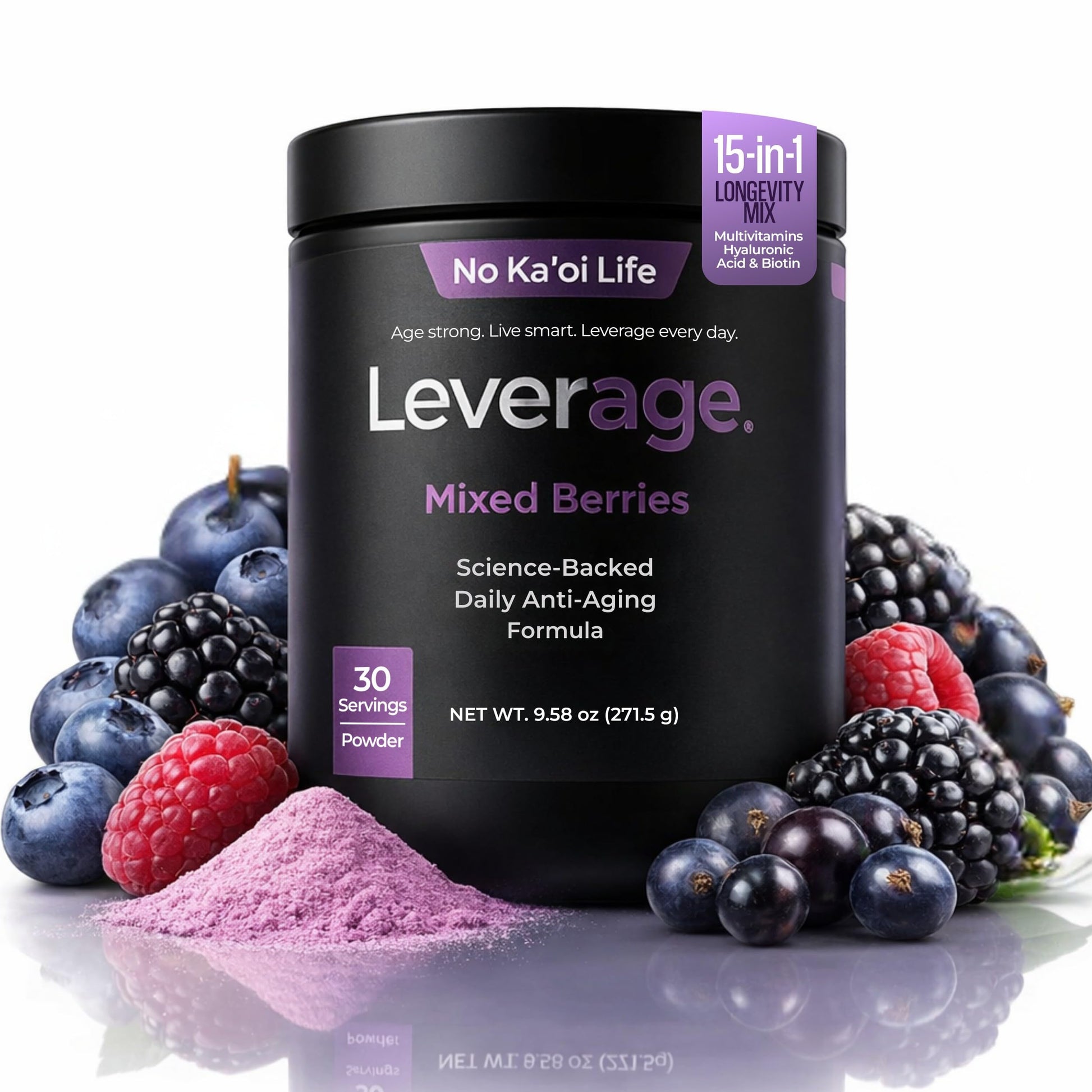Leverage Mixed Berries Anti–Aging Supplement & Longevity Mix Daily Wellness Multivitamin Powder 9.58 Ounces