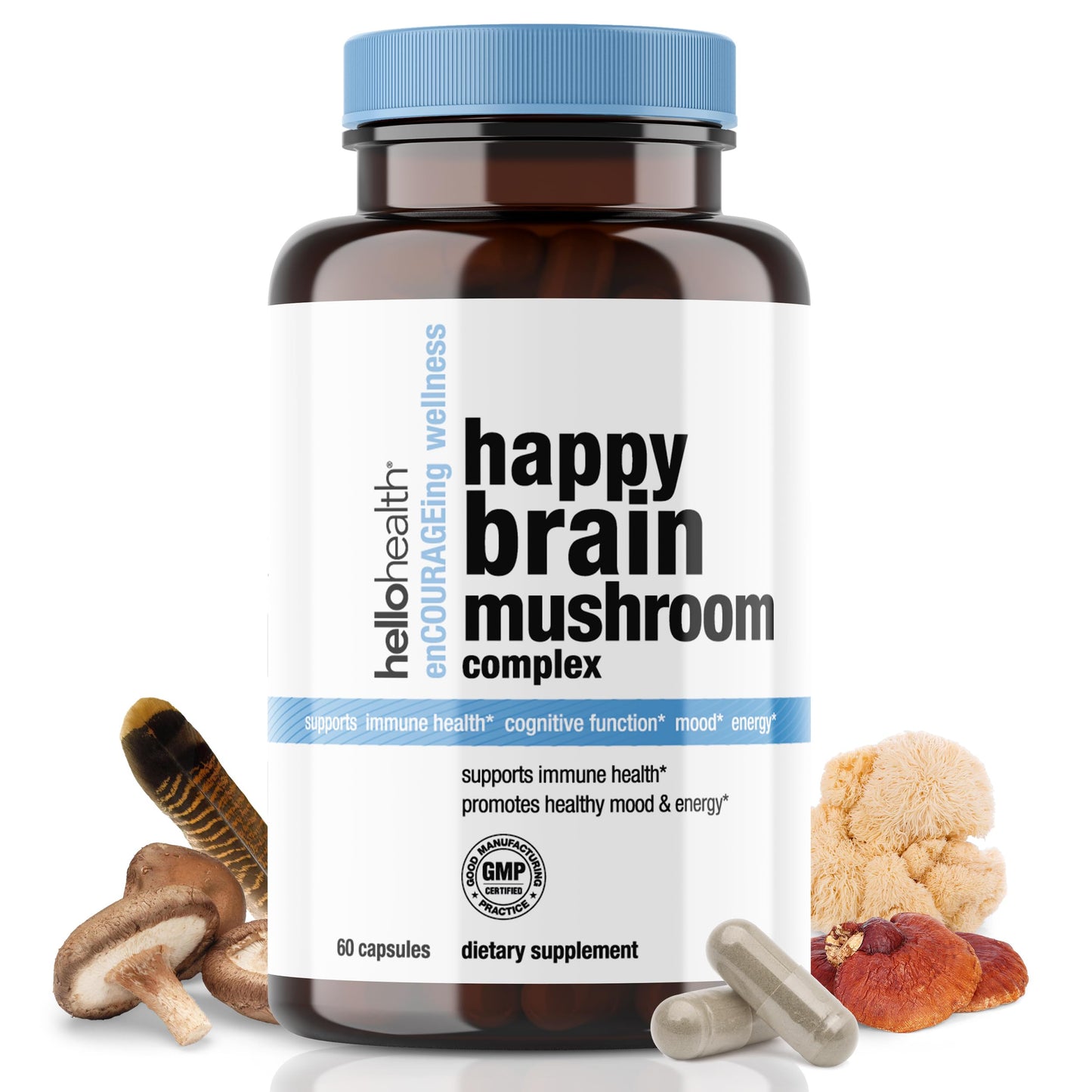Hello Health Happy Brain Mushroom Complex Nootropics Brain Support Supplement Capsules, 60 Count