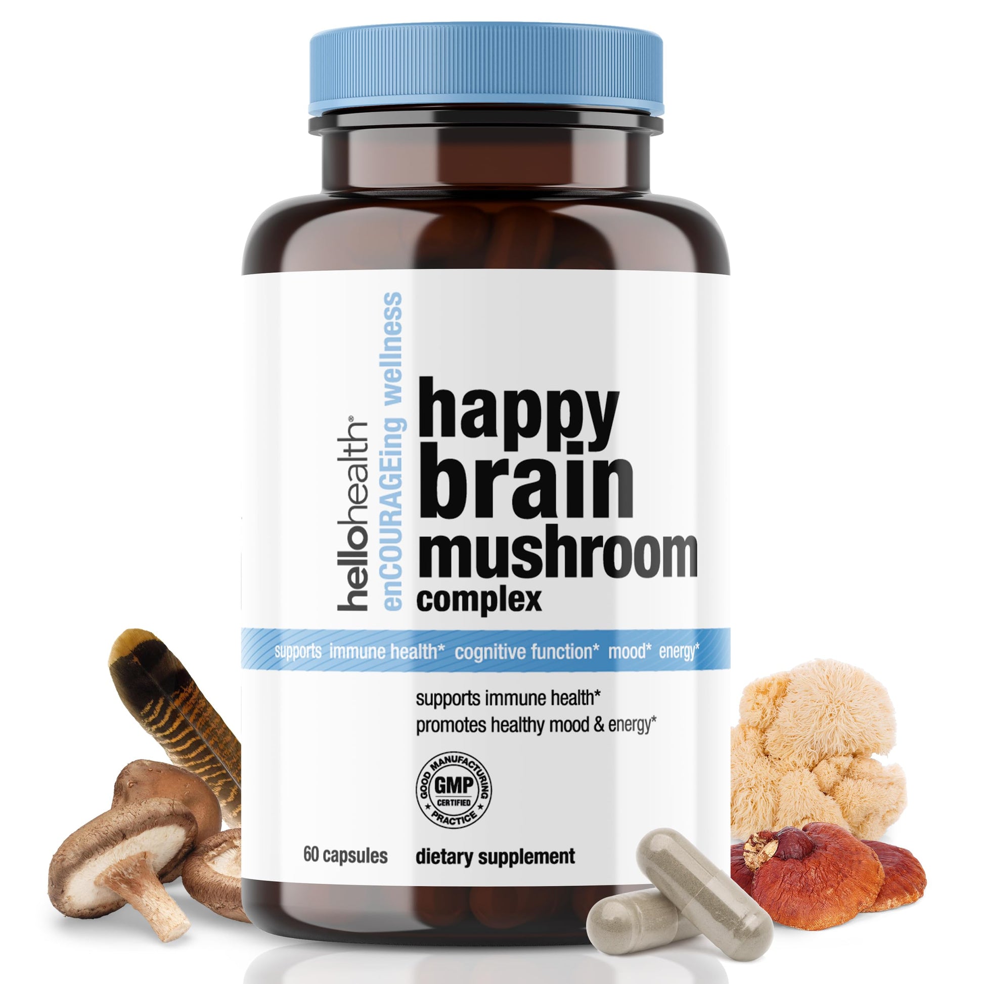 Hello Health Happy Brain Mushroom Complex Nootropics Brain Support Supplement Capsules, 60 Count