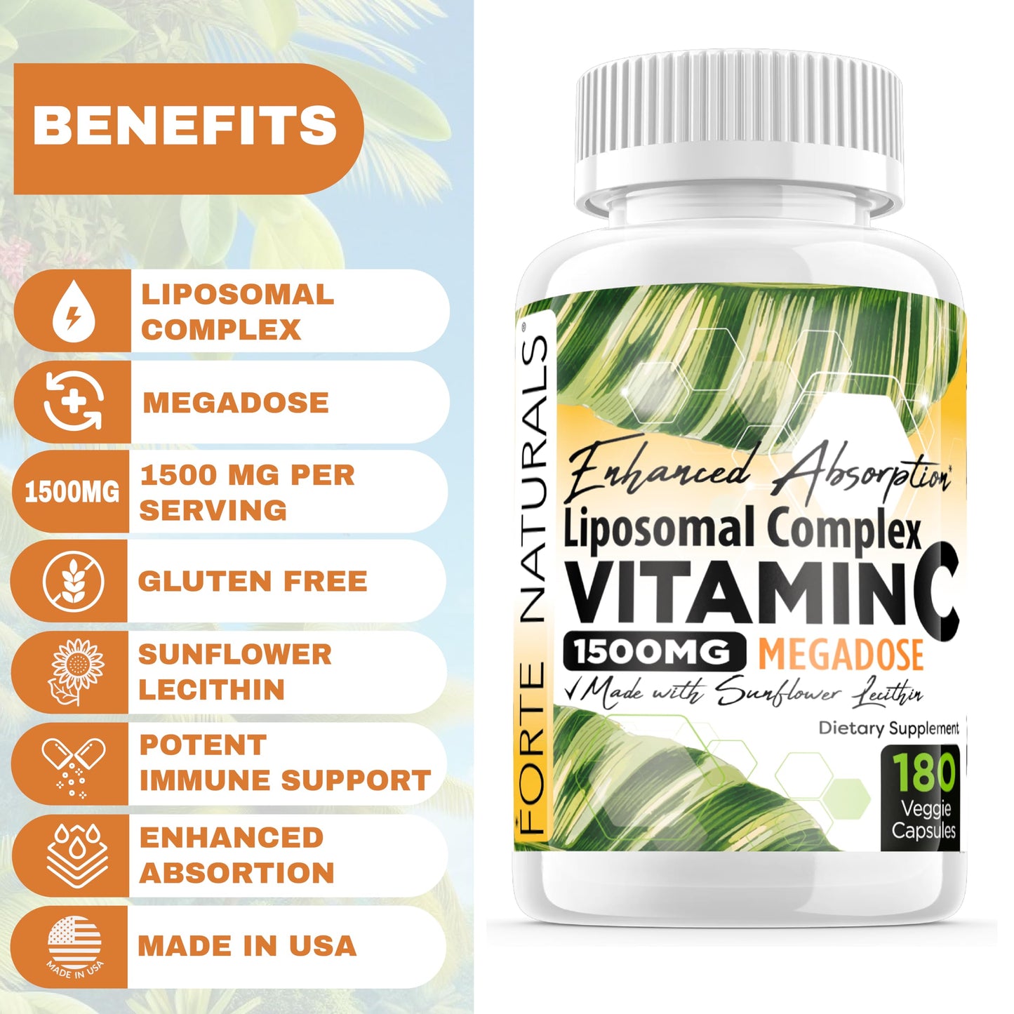 FORTE NATURALS High Dose Vitamin C 1500mg Liposomal C Complex with Sunflower Lecithin 180 Capsules