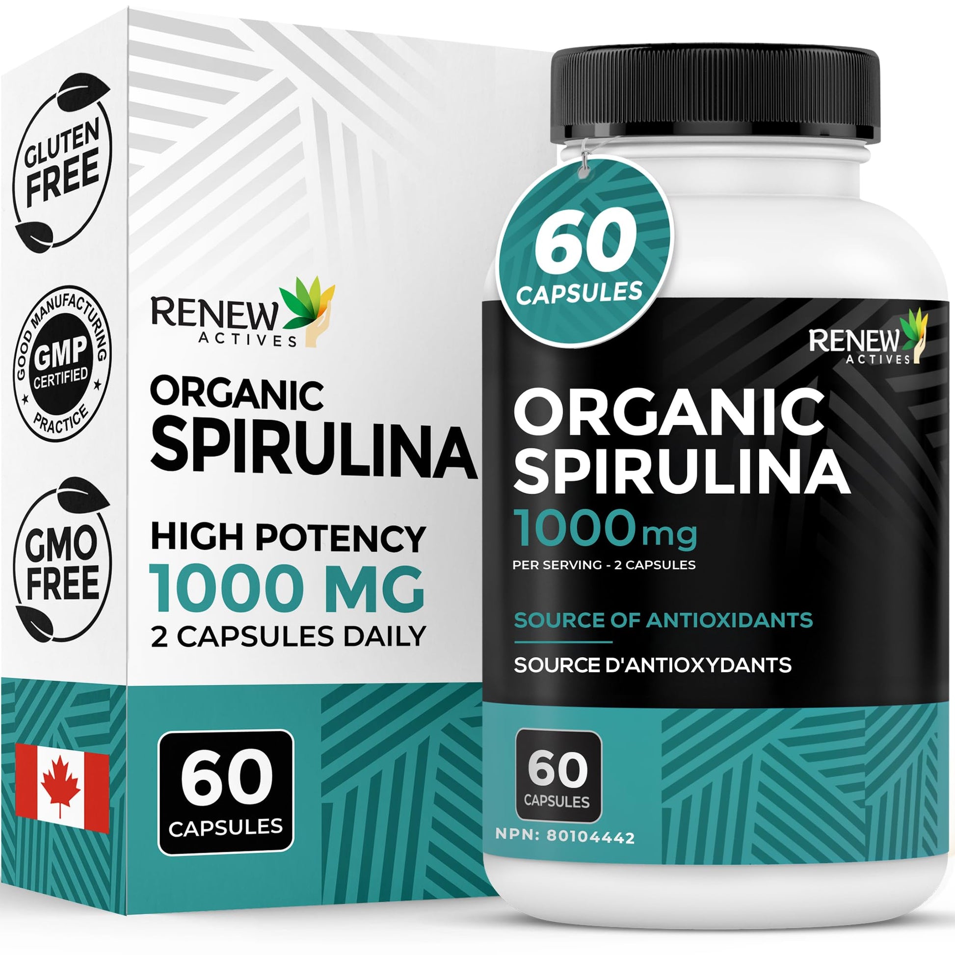 Renew Actives Organic Spirulina 1000mg Capsules 60 Count