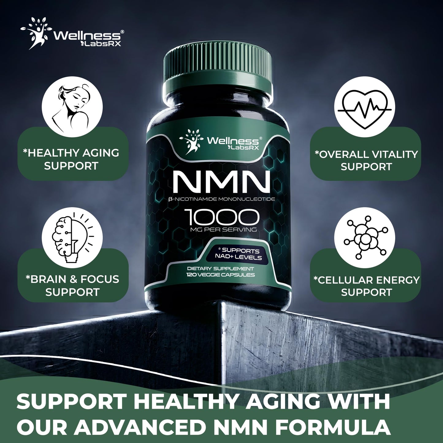 WELLNESS LABSRX NMN Supplement 1000mg Nicotinamide Mononucleotide Capsule, 120 Count