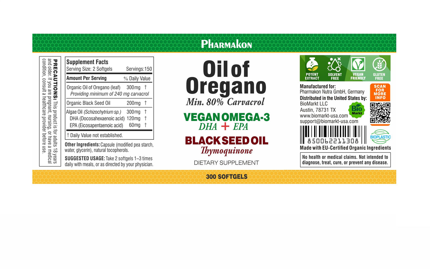 PHARMAKON Oregano Oil Complex with Vegan Omega-3, Black Seed Oil Capsules, 300 Capsules