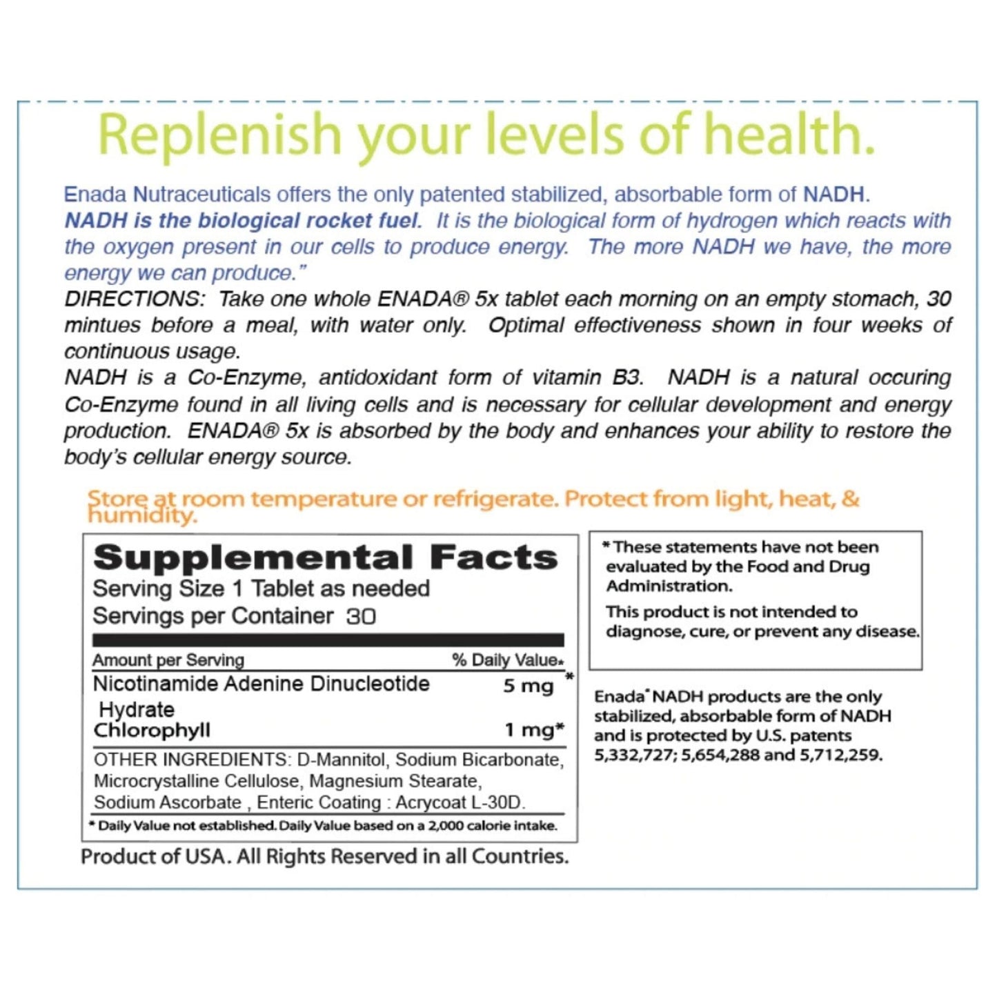 ENADA NADH 5MG Supplement with Chlorophyll Tablets, 30 Count