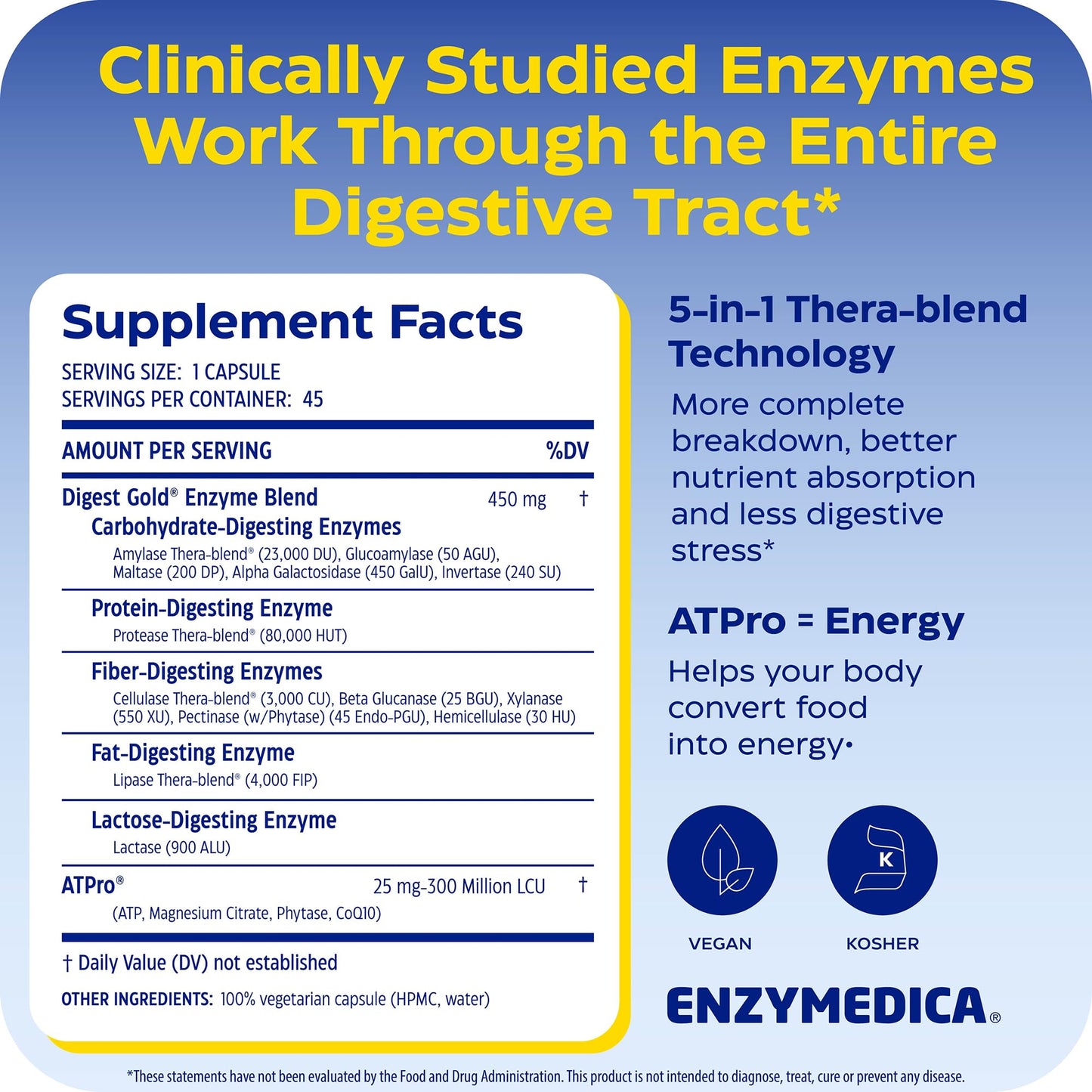 Enzymedica Digest Gold + ATPro Capsule, Maximum Strength Digestive Enzymes, 45 Count