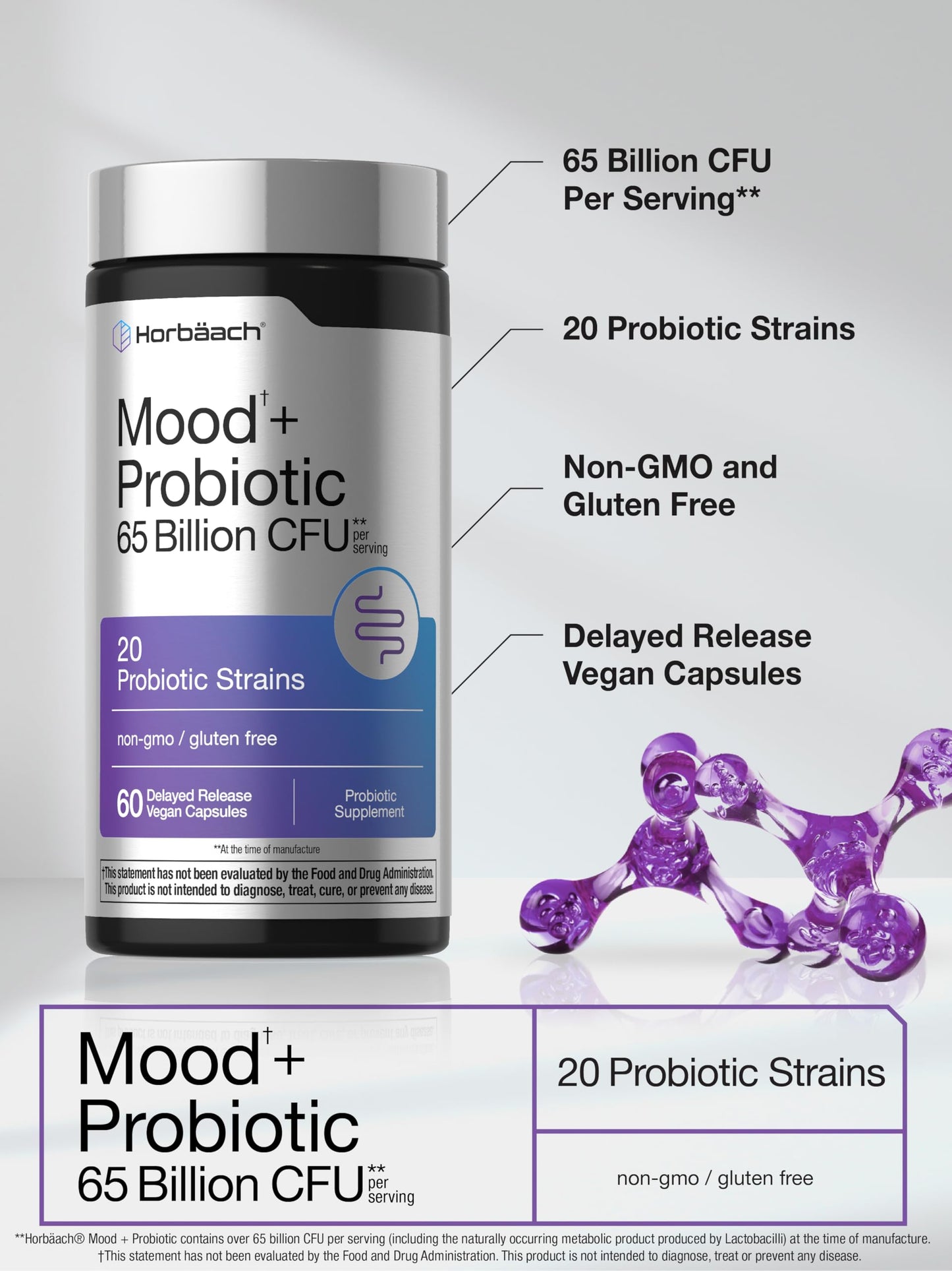 Horbäach Mood Probiotics for Women and Men 65 Billion CFU, 60 Capsules