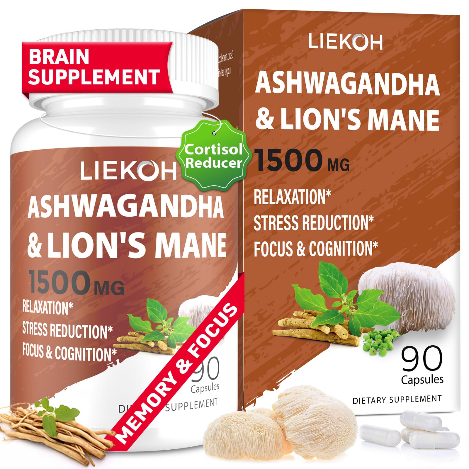 Liekoh Ashwagandha & Lions Mane Supplement Capsules, 90 Capsules