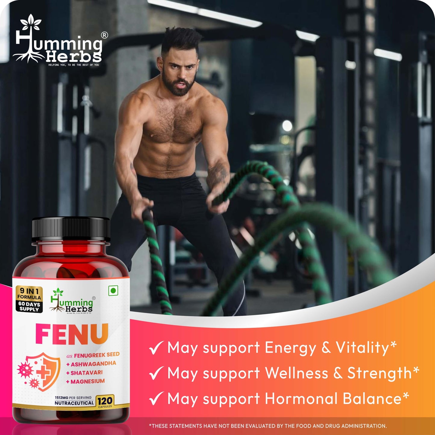 Humming Herbs Fenugreek Seed Extract Complex with Ashwagandha, Shatavari, Safed Musli, Magnesium, Zinc, Vitamin D3, B6 & Folate Capsules, 120 Count