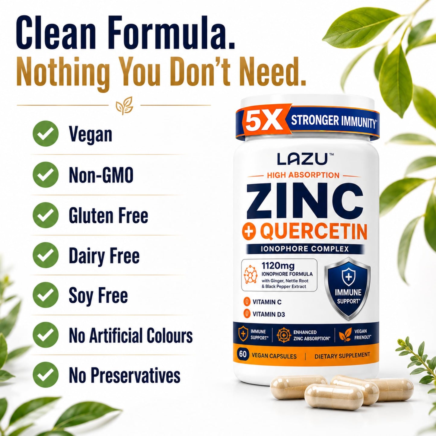 LAZU Zinc Supplements 5X Stronger Immunity, Quercetin, Vitamin C & D3, 60 Capsules