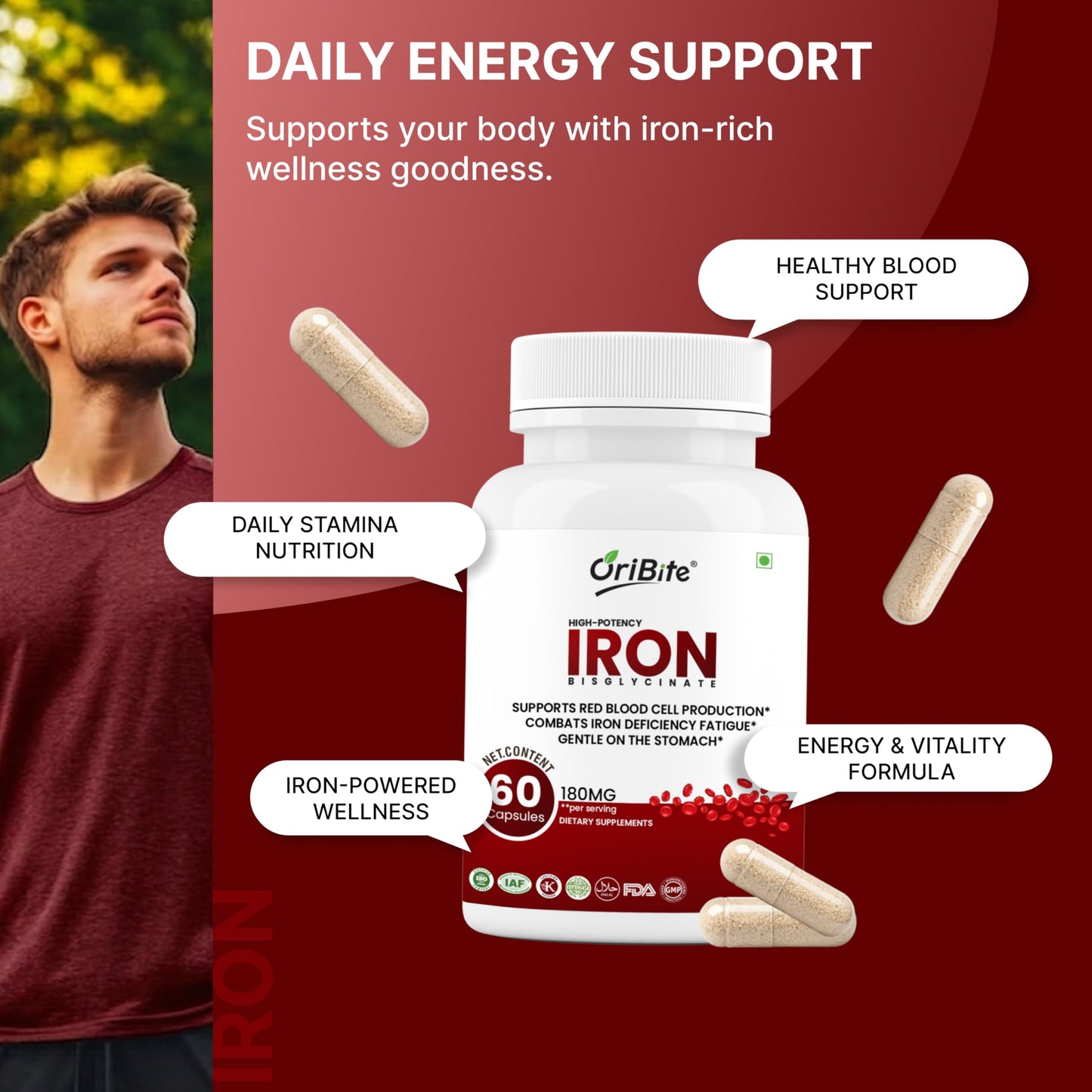 ORIBITE Iron Bisglycinate 180mg High Potency Iron Supplement – 60 Veg Capsules