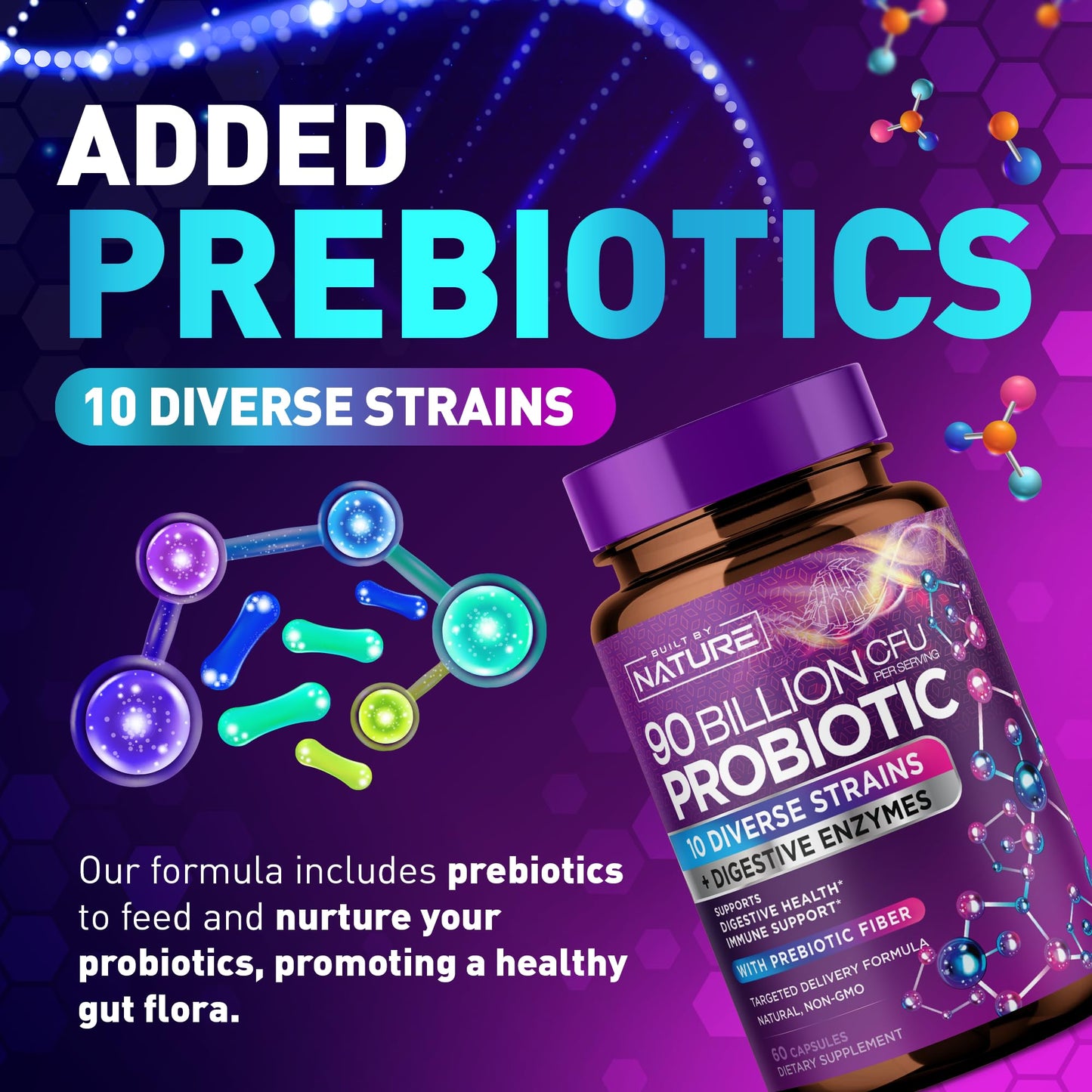 Built by Nature 100 Billion CFU Probiotic Daily Digestive Gut Health Supplement with Lactobacillus acidophilus, Bifidobacterium & Prebiotics - Capsule, 60 Count