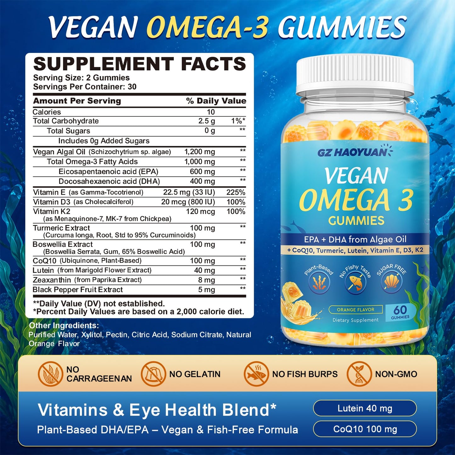 GZ HAOYUAN Vegan Omega-3 Gummies 1200mg Marine Algae Omega-3 EPA 600mg DHA 400mg Vitamin D3 K2 Sugar Free, 120 Gummies