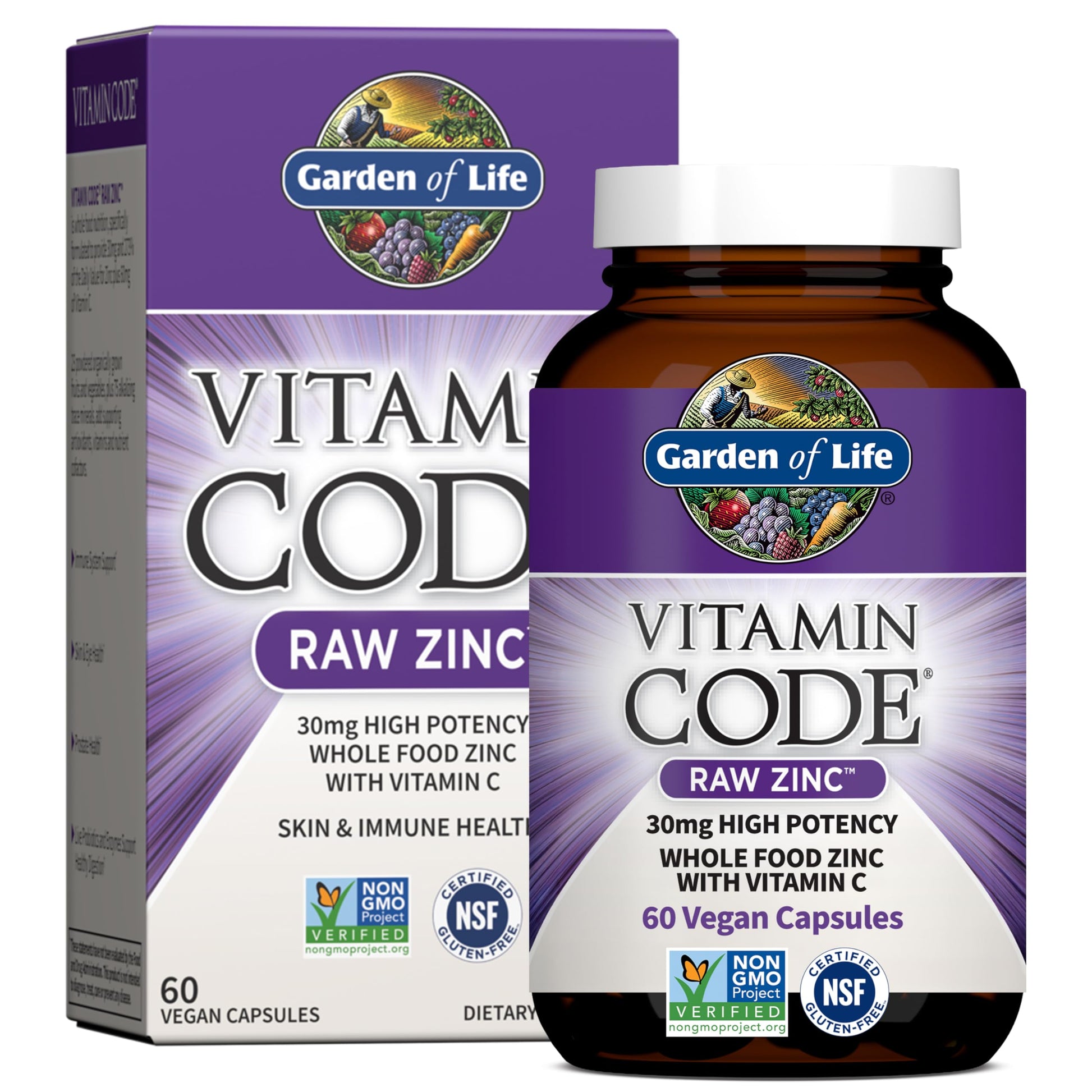 Garden of Life Zinc 30mg High Potency Raw Zinc and Vitamin C Multimineral Supplement Capsules, 60 Count