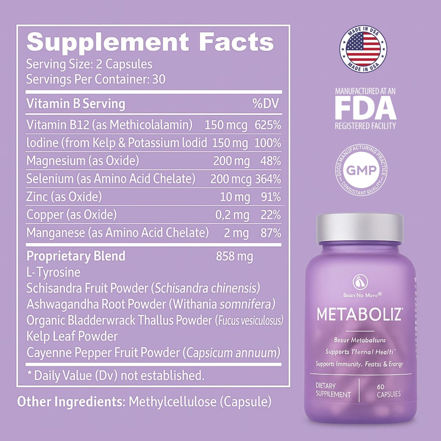 Bloat No More METABOLIZ Metabolism Booster for Women, Thyroid Support Supplement with Selenium, Iodine, B12 & Zinc, Supports Energy, Focus, Immunity & Digestion, Gluten-Free, 60 Capsules