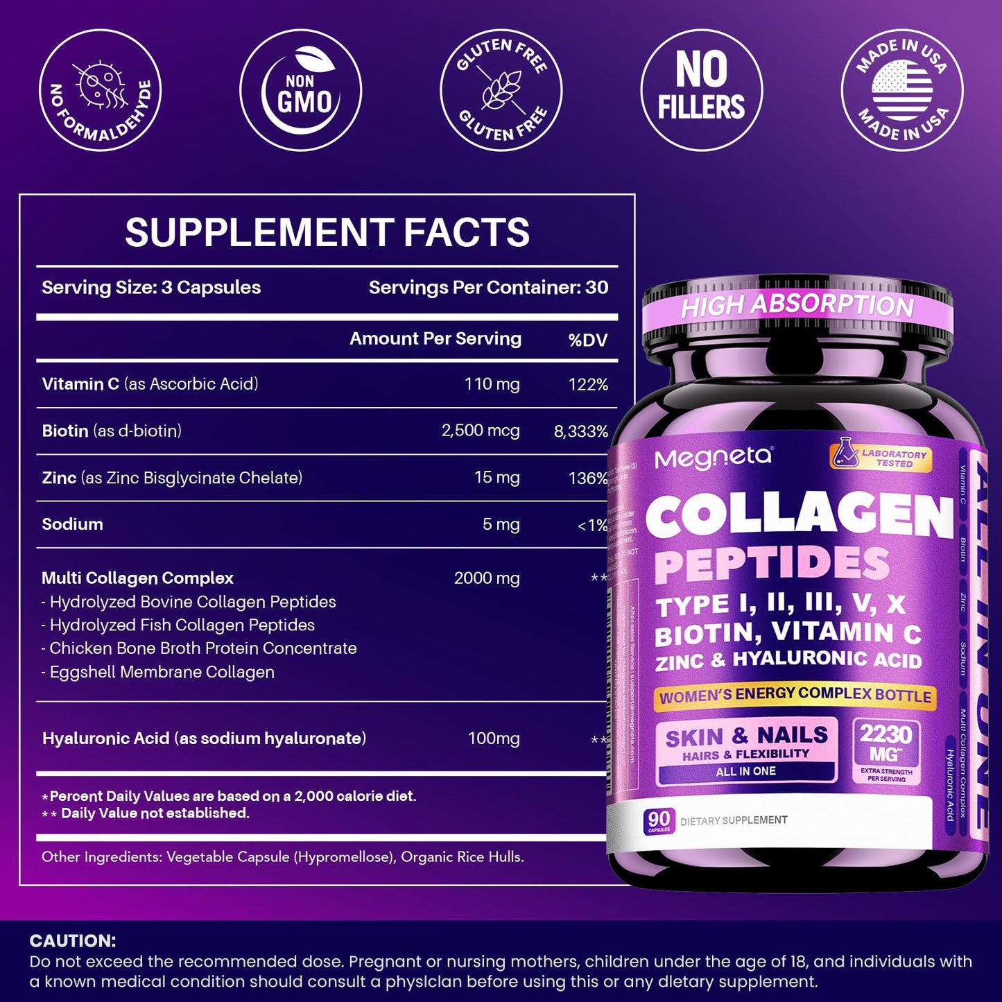 MEGNETA Women Energy Marine Collagen Supplements Capsules, 60 Capsules