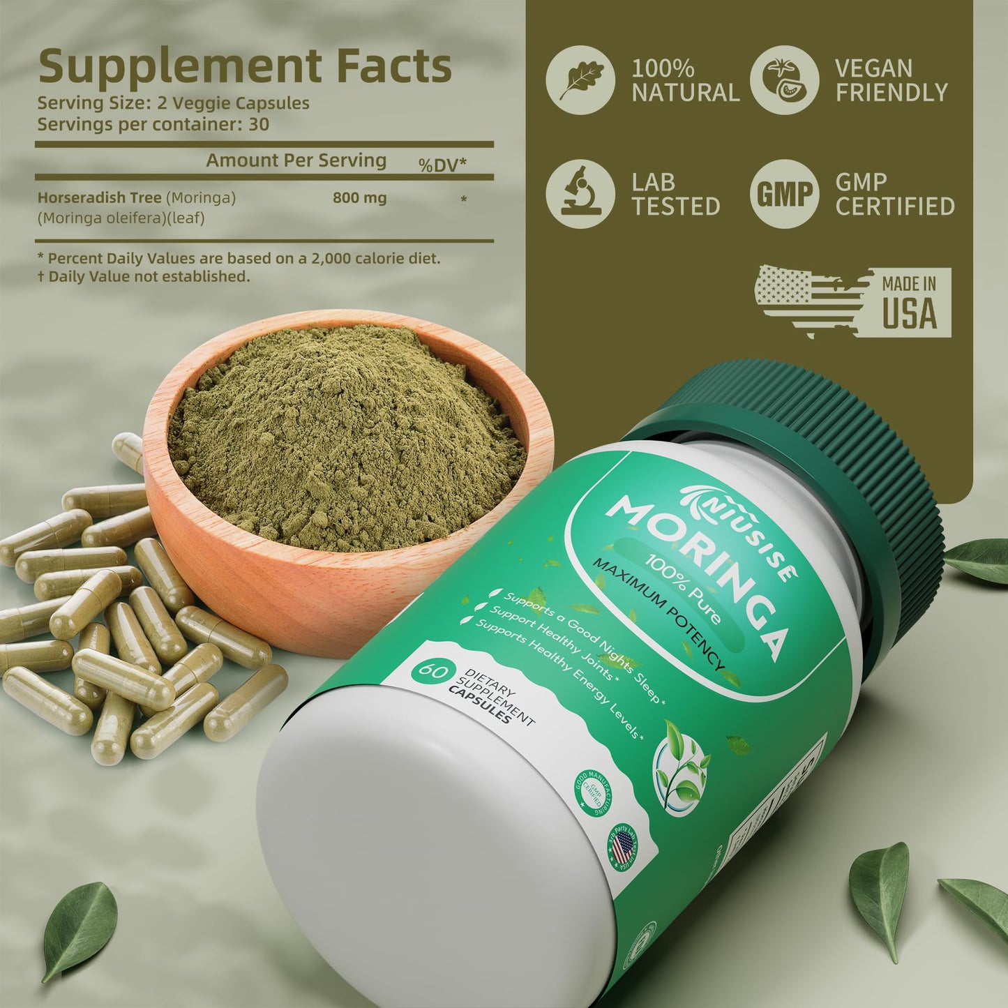 NIUSISE Moringa Powder Capsules, 60 Count