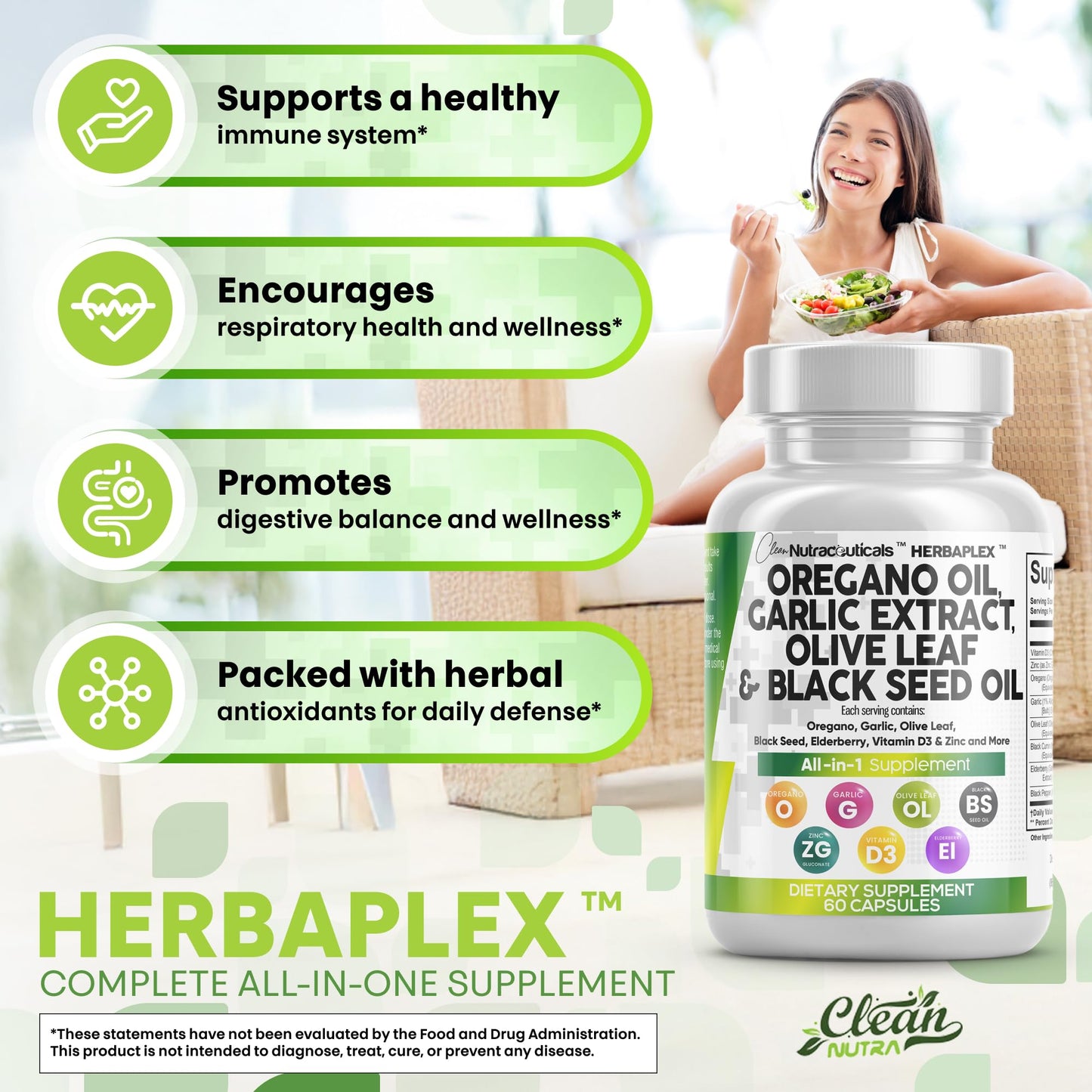 Clean Nutraceuticals Oregano Oil Garlic Extract Olive Leaf Black Seed Oil 60 Capsules