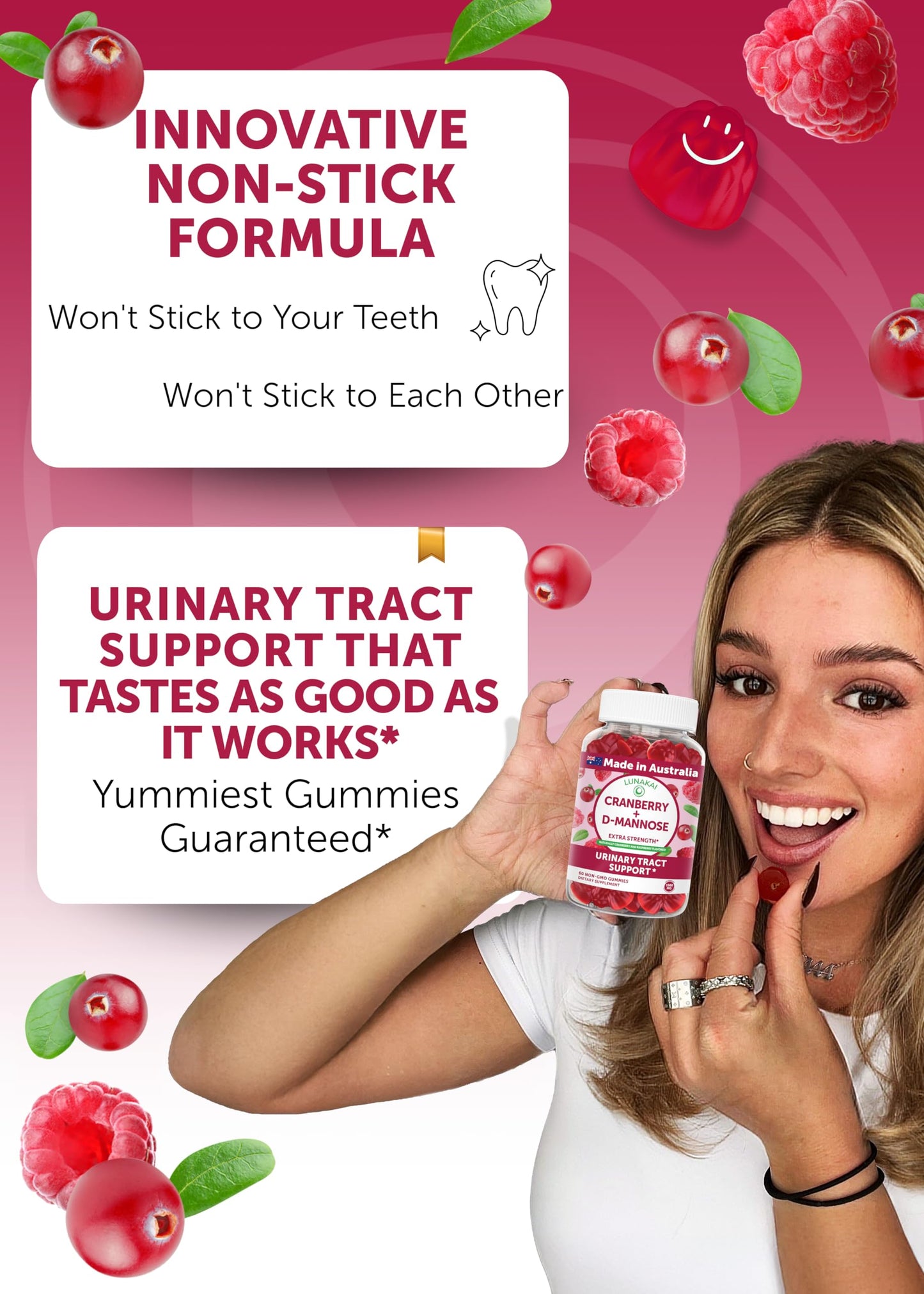 Lunakai Cranberry Gummies for Women 1500mg (50:1 Extract) with D-Mannose 200mg, Urinary Tract Health & Bladder Support, Non-GMO, Made in Australia, 60 Count
