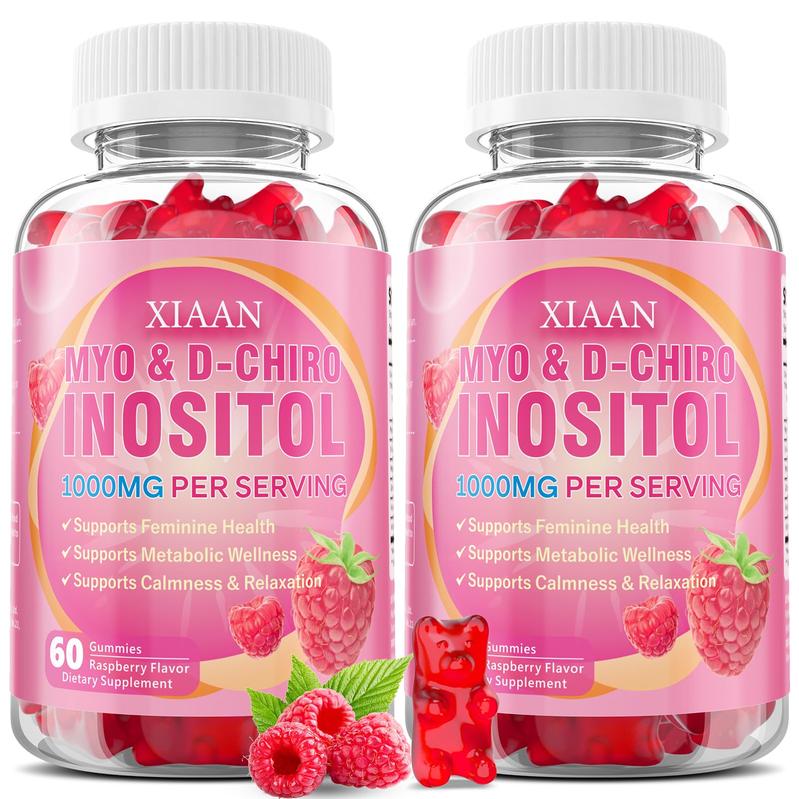 XIAAN Myo Inositol Gummies 1000mg with D-Chiro Inositol for PCOS & Female Health, Vegan, Sugar-Free, Gluten-Free, Raspberry Flavor, 120 Gummies