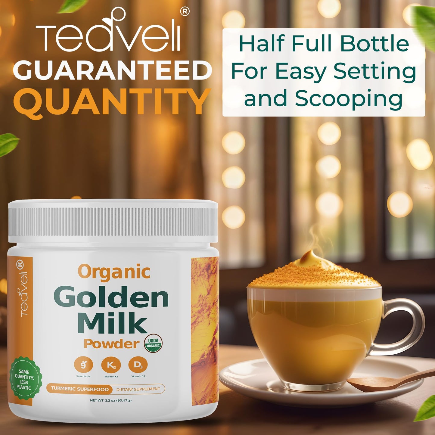 Teaveli Organic Golden Milk Powder with Vitamin D3 & K2, Turmeric, Ginger, Curcumin, Cinnamon, KSM66 Ashwagandha, Holy Basil & Natural Prebiotics Powder, 9.51 oz (Pack of 3)