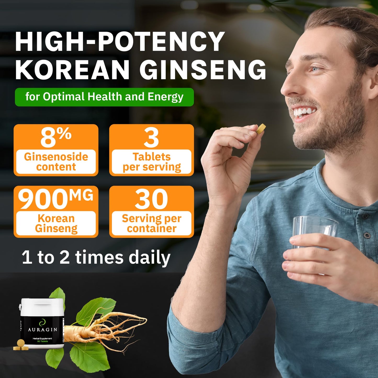 Auragin Authentic Korean Red Ginseng 6 Year Roots – 100% Red Panax Ginseng in Every Tablet – No Additives or Other Ingredients – Made in Korea, 90 Tablets