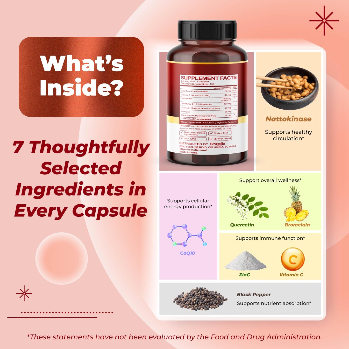 SOTALIX SUPPLEMENT Nattokinase with CoQ10 + Red Yeast Rice Quercetin + Bromelain - Immune Booster Capsule, 150 Capsules