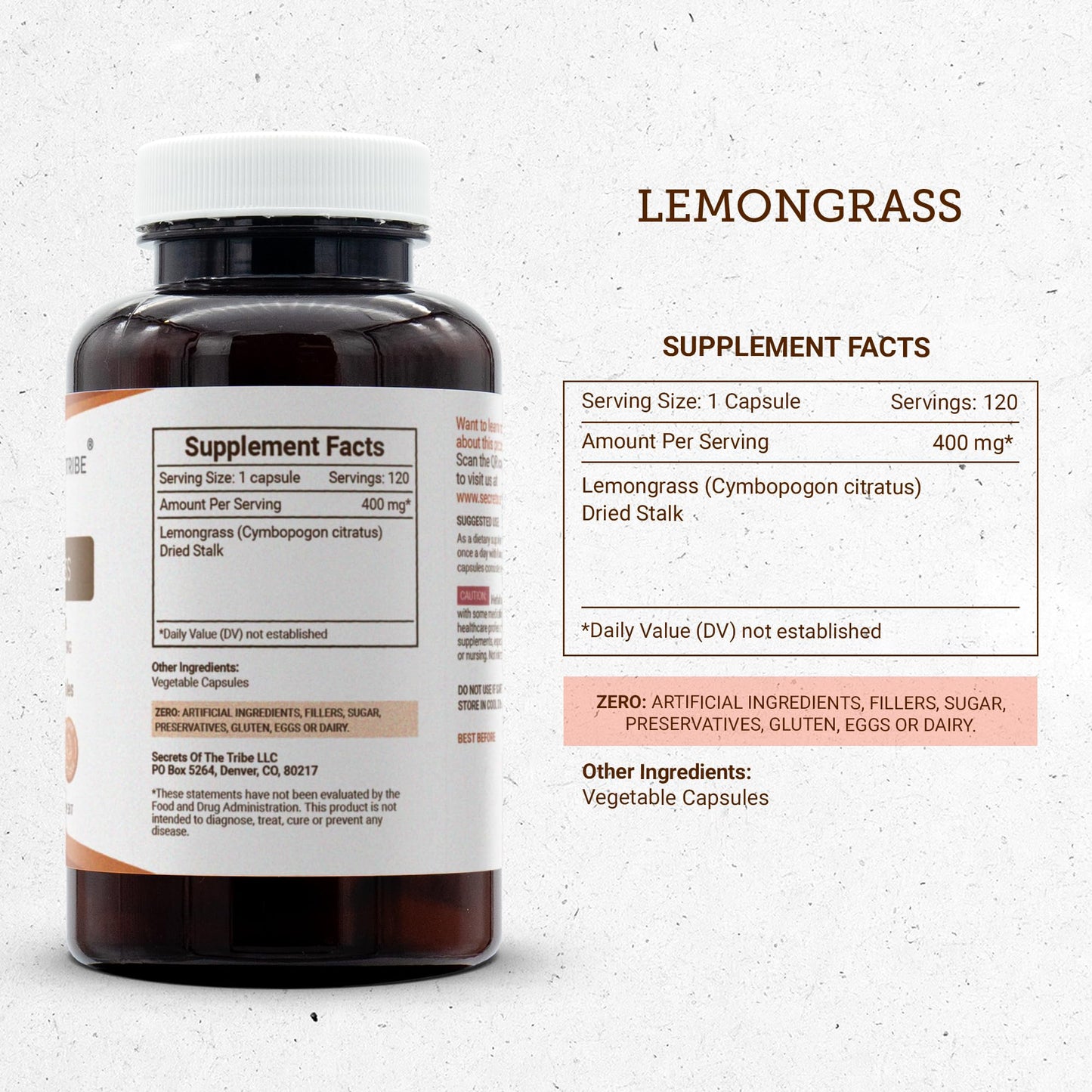 Secrets of the Tribe Lemongrass 400 mg Capsule, 120 Count