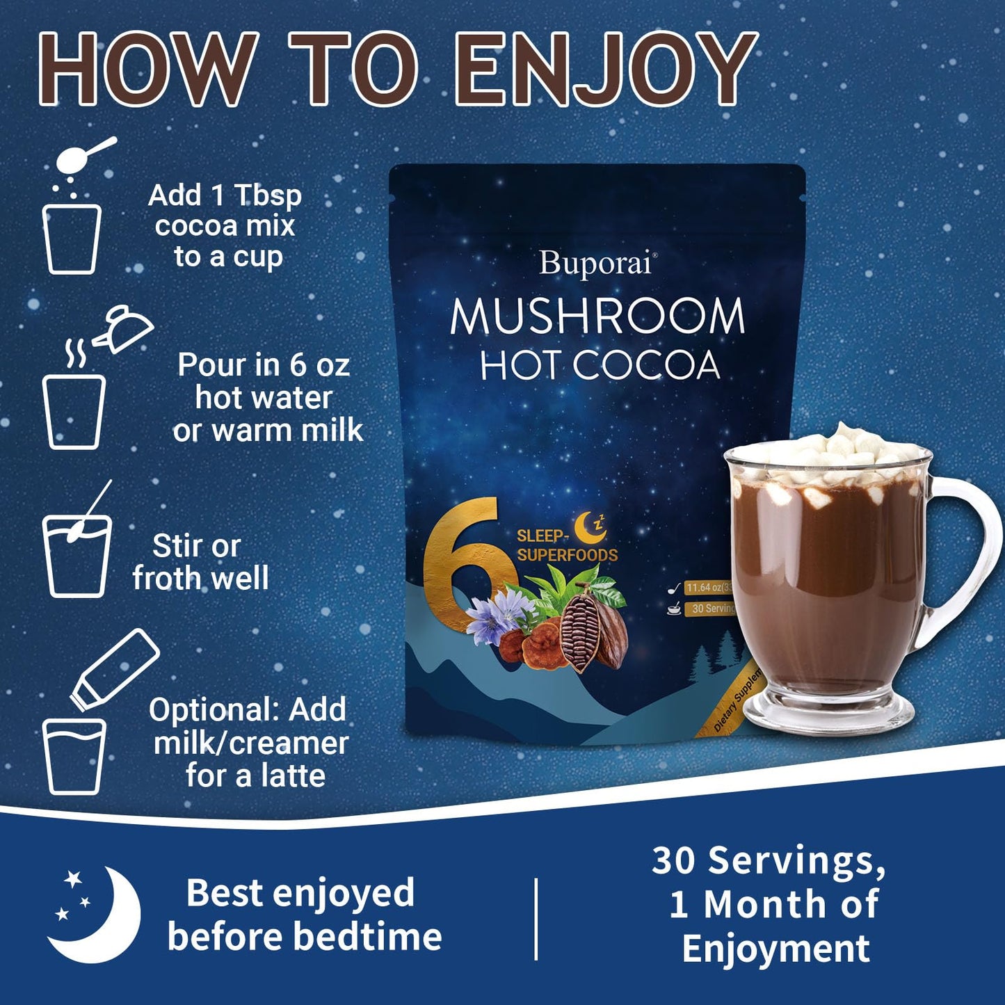 Buporai Mushroom Hot Cocoa with Melatonin, Reishi Powder 11.64 Ounce