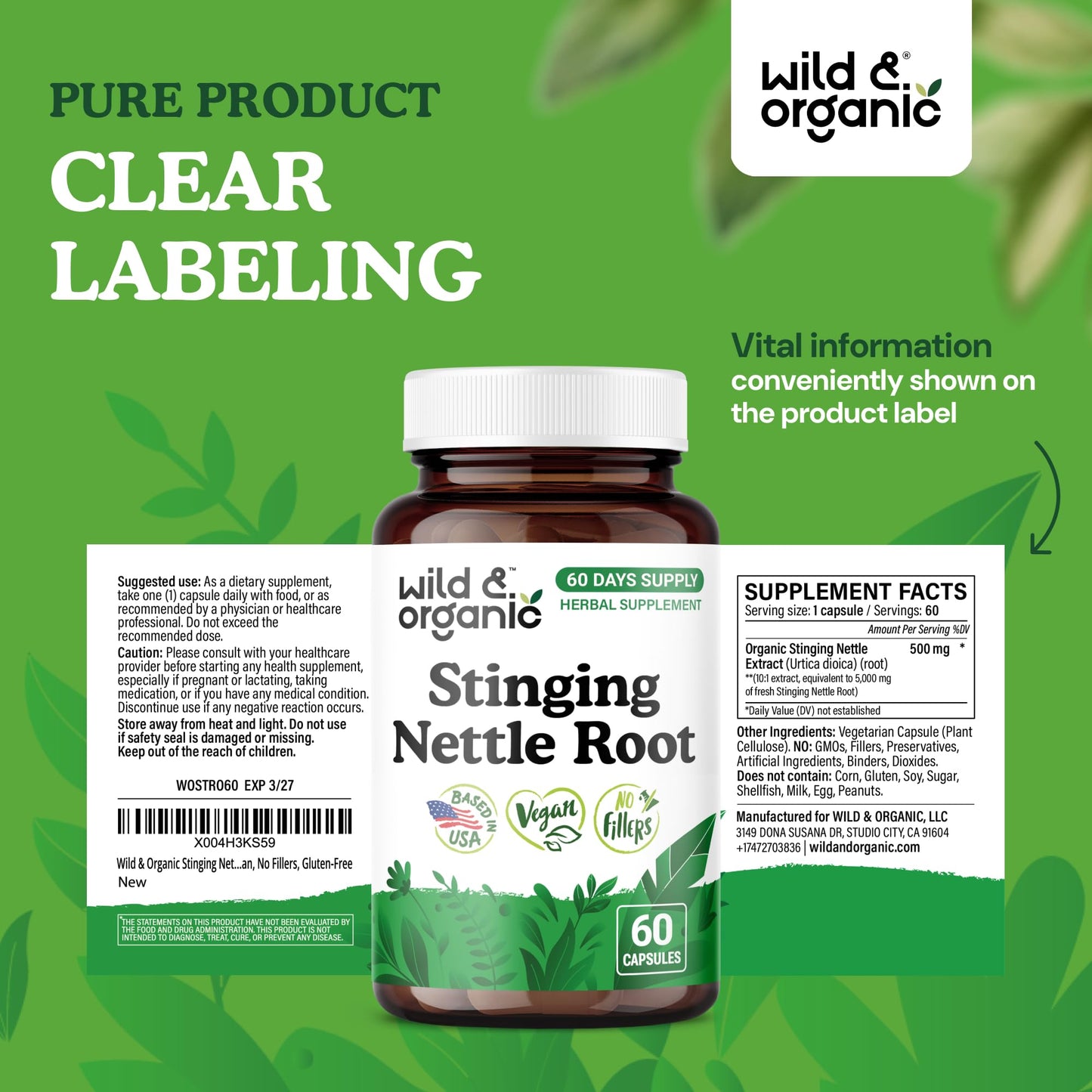 Wild & Organic Stinging Nettle Root 60 Capsules