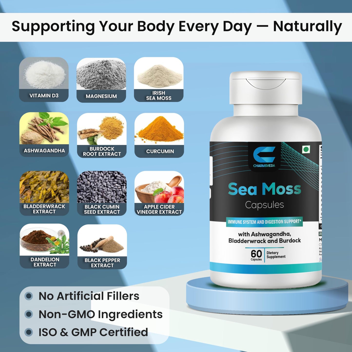 CHARMSVEDA Sea Moss Capsules with Ashwagandha, Bladderwrack & Burdock, 60 Capsules