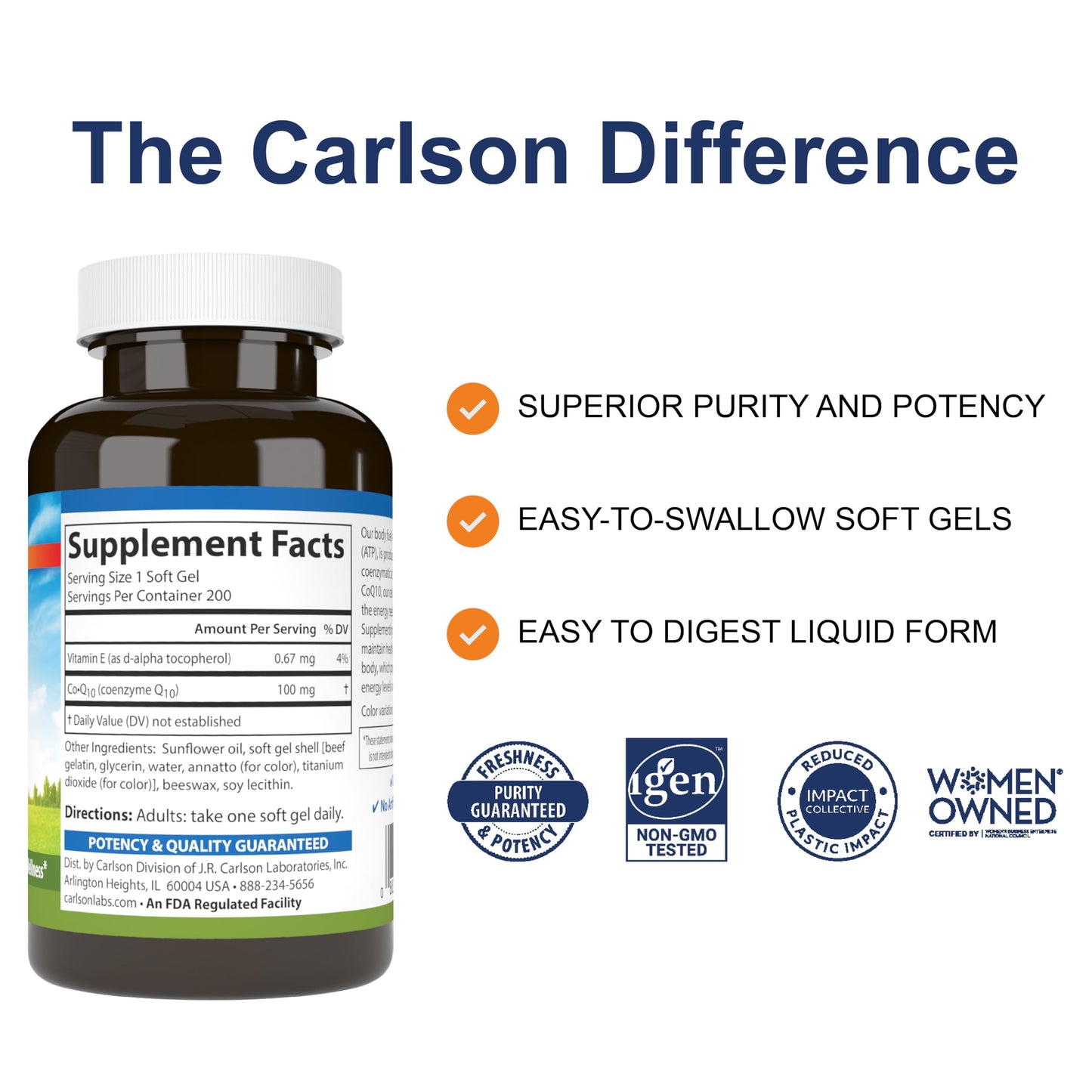 Carlson Co-Q10 Co-Enzyme Q10 100 mg Softgels, 200 Count
