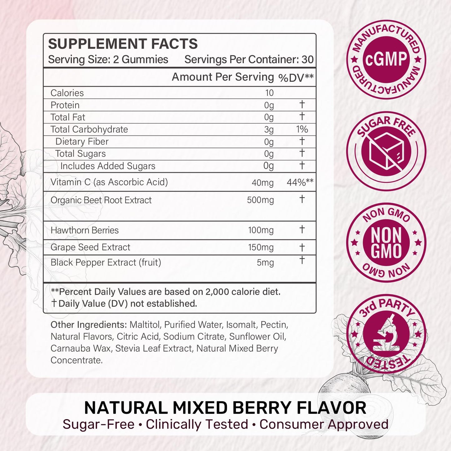 Sunshine & Rain Organic Beet Root Gummies for Nitric Oxide Support, 120 Gummies