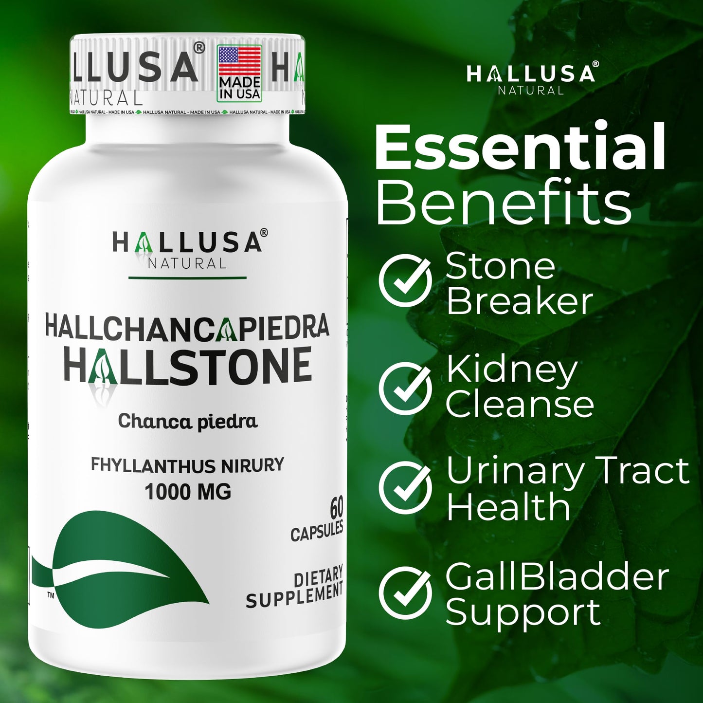 Hallusa Natural Hallchancapiedra 1000 mg Chanca Piedra Supplement, 60 Capsules