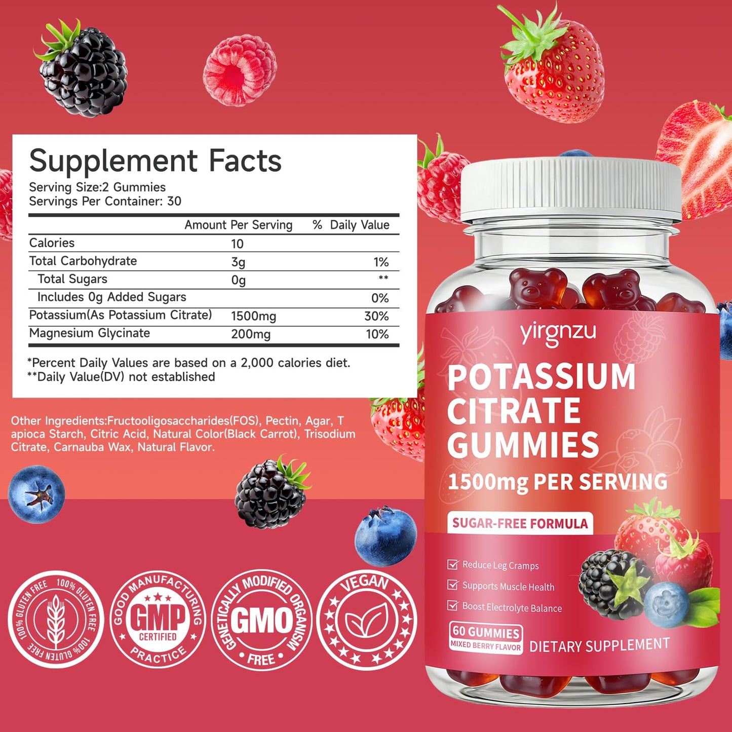 yirgnzu Potassium Citrate Gummies 1500mg, 60 Count