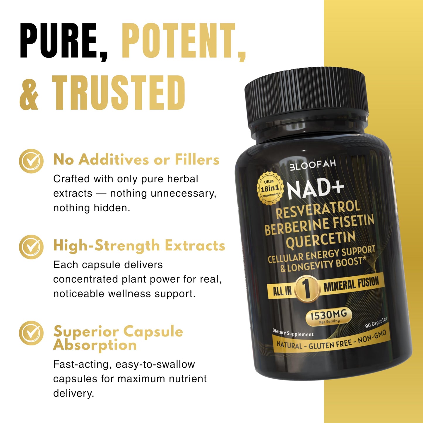 Bloofah NAD+ Supplement 1530mg Nicotinamide Riboside with Resveratrol 18-in-1 Herbal + Green Tea Capsule, 90 Capsules