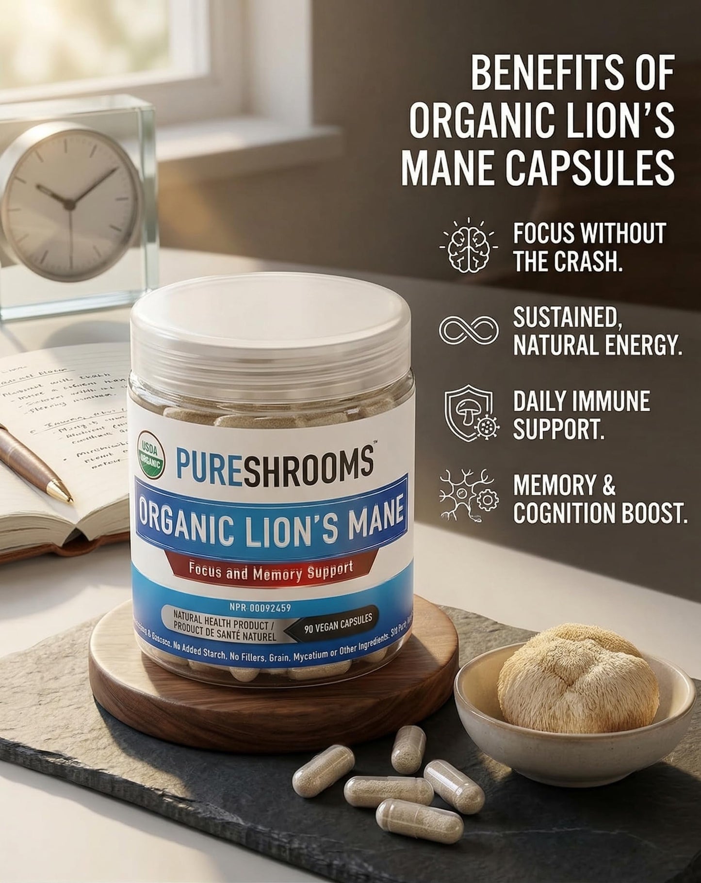 PureShrooms Organic Lion's Mane Mushrooms, 120 Capsules