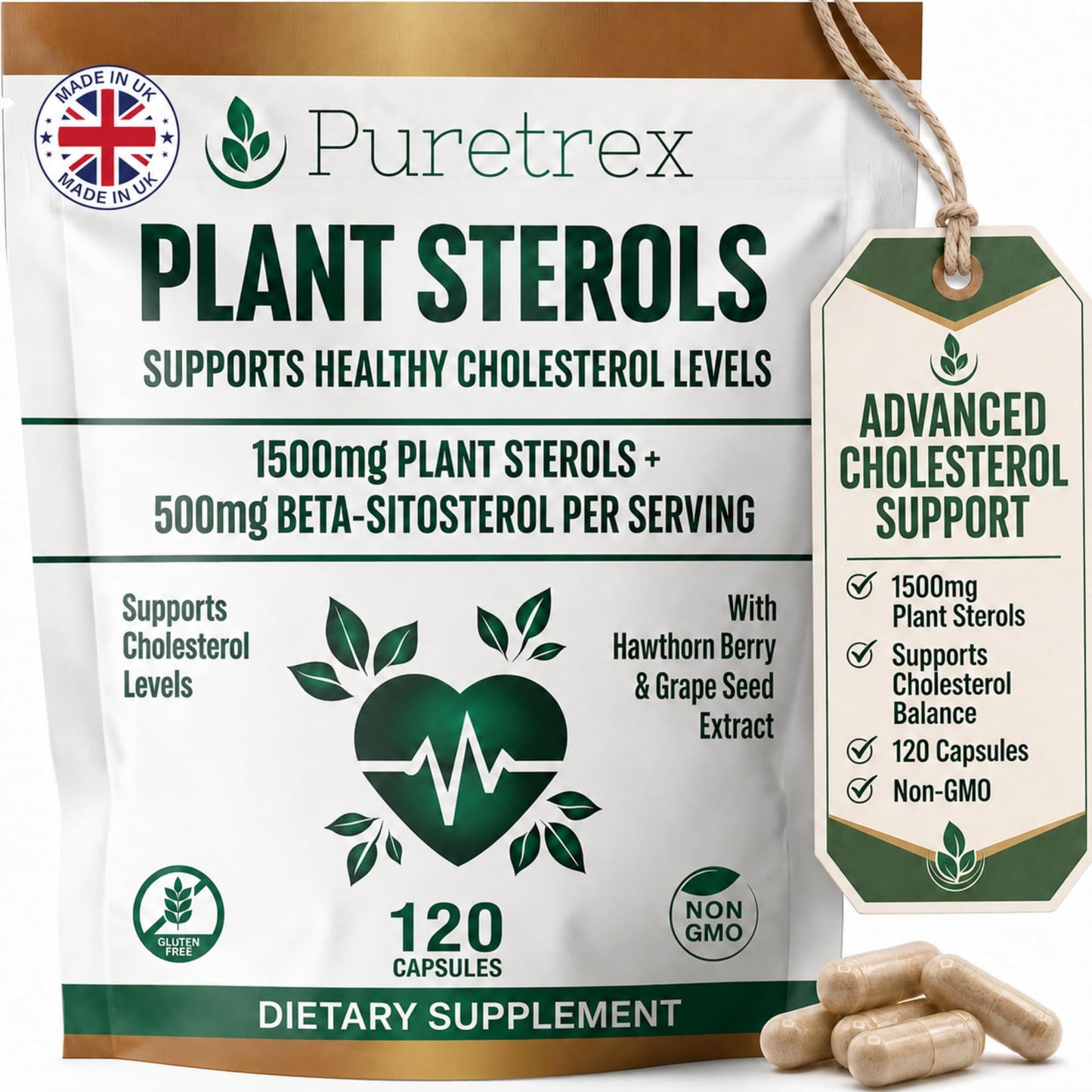 PURETREX Plant Sterols Complex with Beta-Sitosterol, CoQ10, Hawthorn Berry & Grape Seed Extract, 1 Capsule