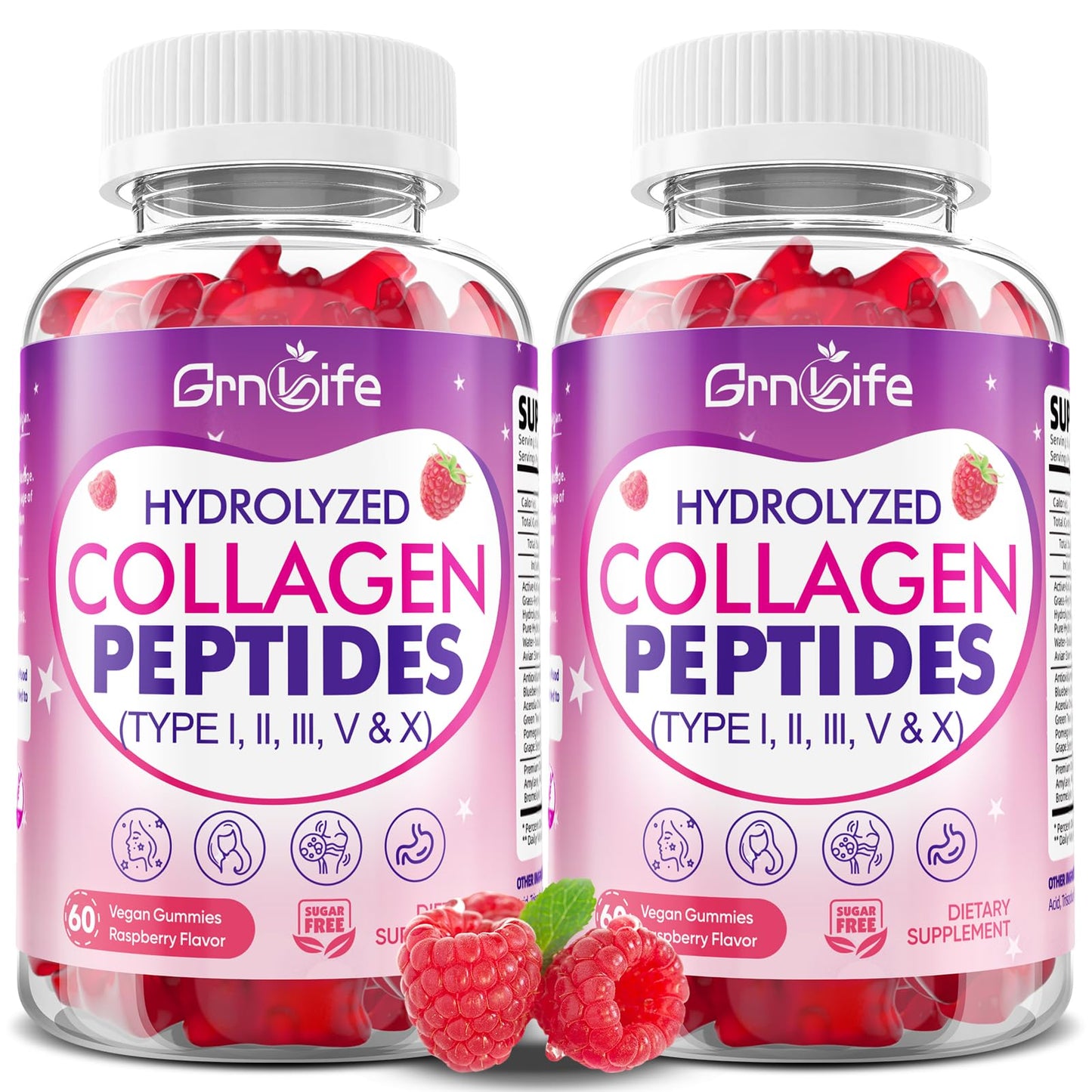 GrnLife Multi-Collagen Gummies Type I, II, III, V, X for Skin, Hair & Nails, Hydrolyzed Collagen Peptides, Sugar-Free Raspberry, 120 Count