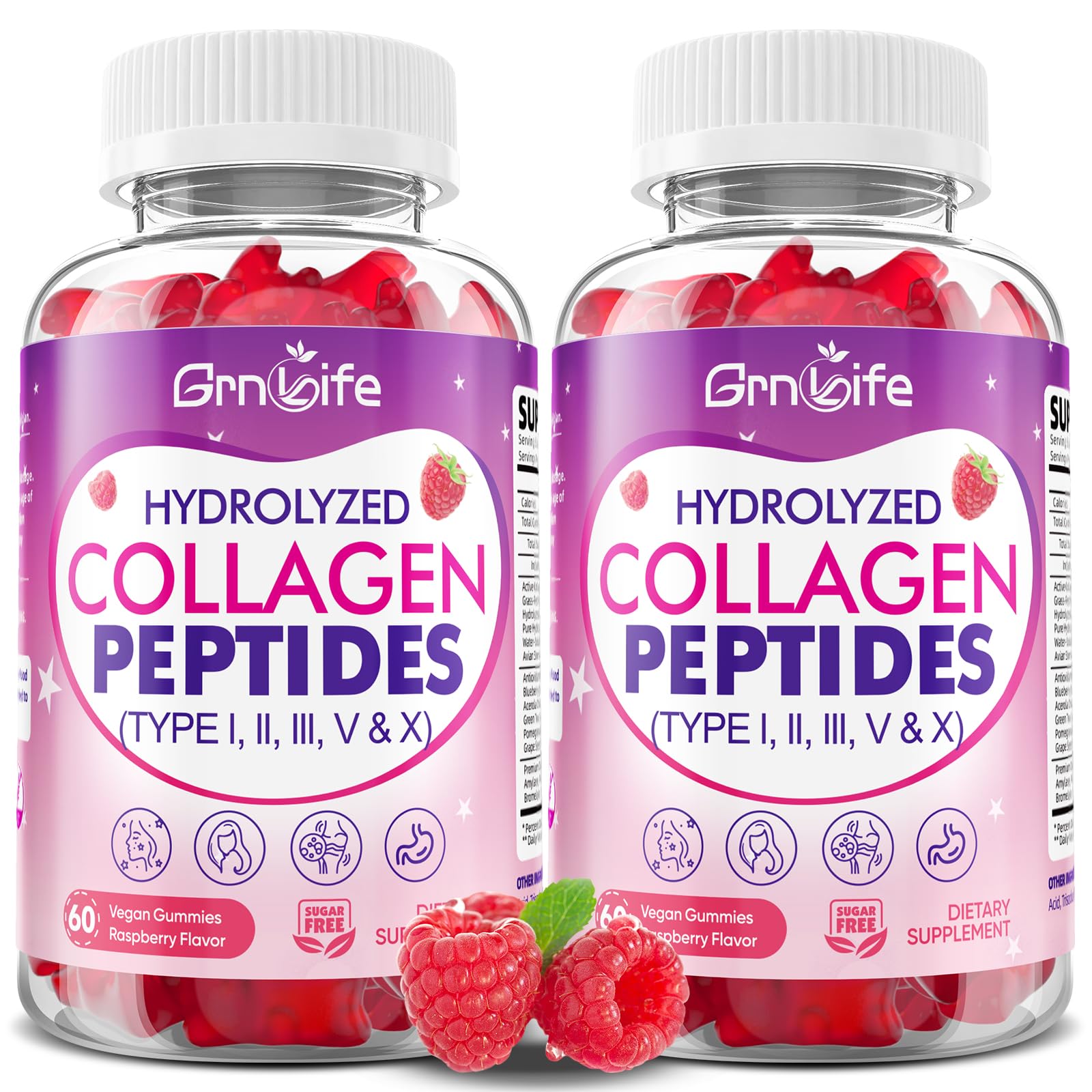 GrnLife Multi-Collagen Gummies Type I, II, III, V, X for Skin, Hair & Nails, Hydrolyzed Collagen Peptides, Sugar-Free Raspberry, 120 Count