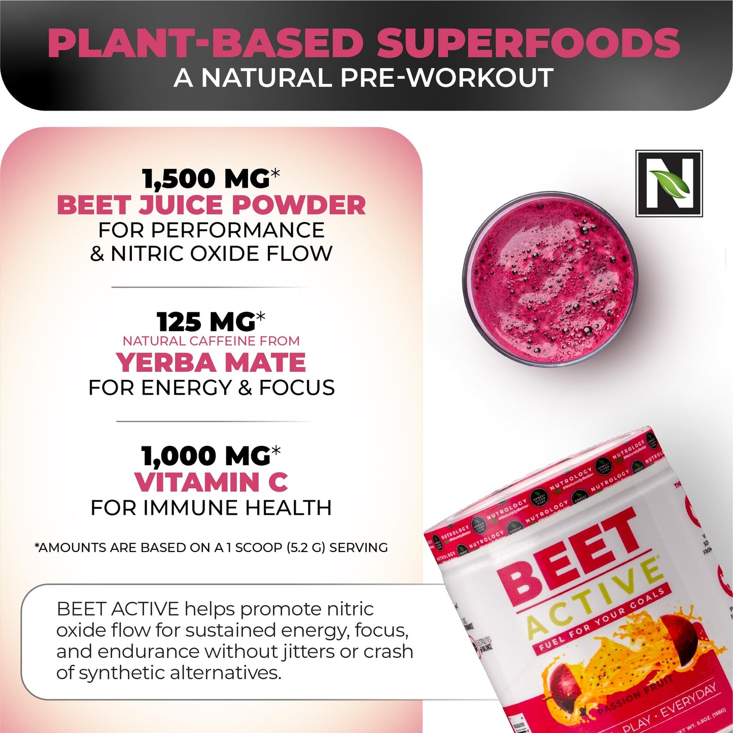 Nutrology Beet Active Natural Pre-Workout Powder 5.5 Ounce